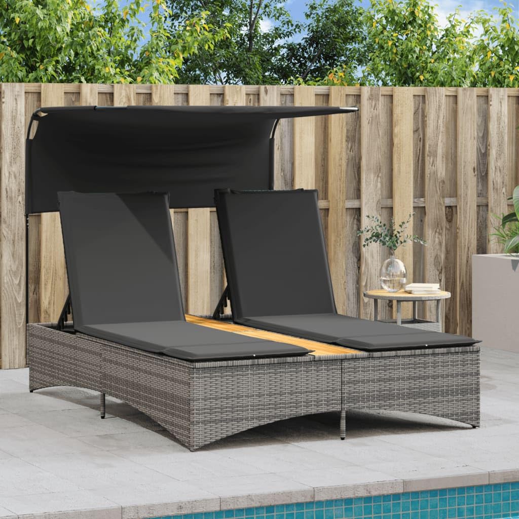 Doppel-Sonnenliege klappbar mit verstellbarem Dach 136 x 202 x 140 cm Poly-Rattan Akazienholz Gartenliege grau wetterfest für Balkon Terrasse Garten