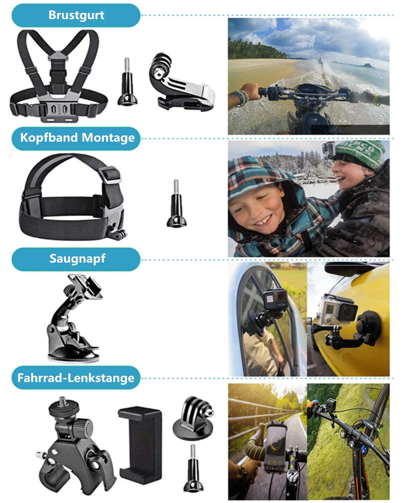 DIKER Kit Accessori per Action Cam 70 in 1, Compatibile con Gopro Hero 13 12 11 10 9 8 DJI AKASO OSMO Insta360 SJCAM Action Cam, per ciclismo, corsa, skateboard, arrampicata