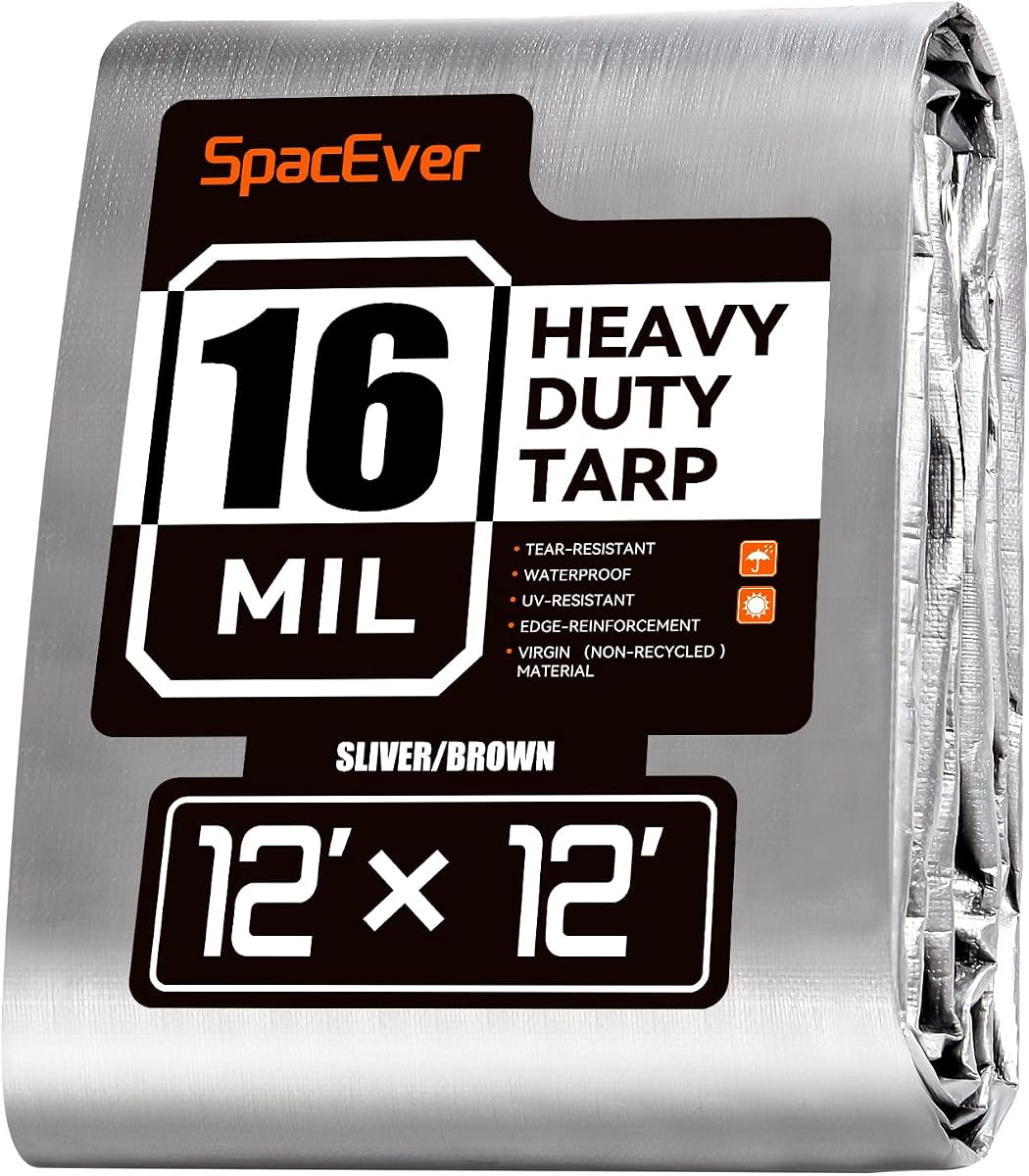 12x12 FT Tarp Waterproof, 16 Mil Tarps Heavy Duty Waterproof Multipurpose Protective Cover UV Resistant Rip & Tear Resistant with Grommets Reversible for Home Boats Cars Camping