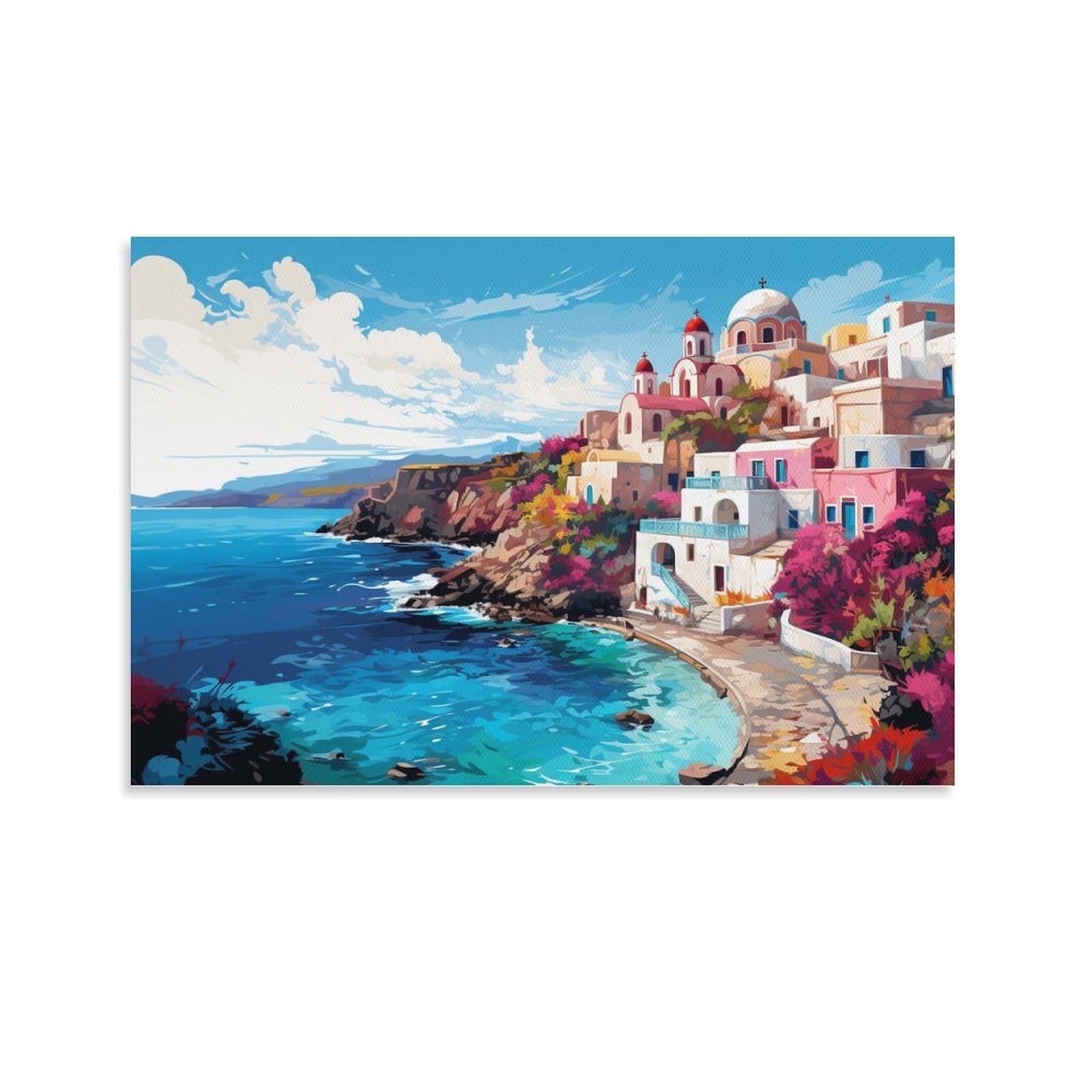CPLVKWRQJ Coastal City Individual Colorful Greek Coastal Town Canvas Artwork - Bedroom Canvas Painting Easy to Clean Space Transformer Decor 20x30inch(50x75cm)