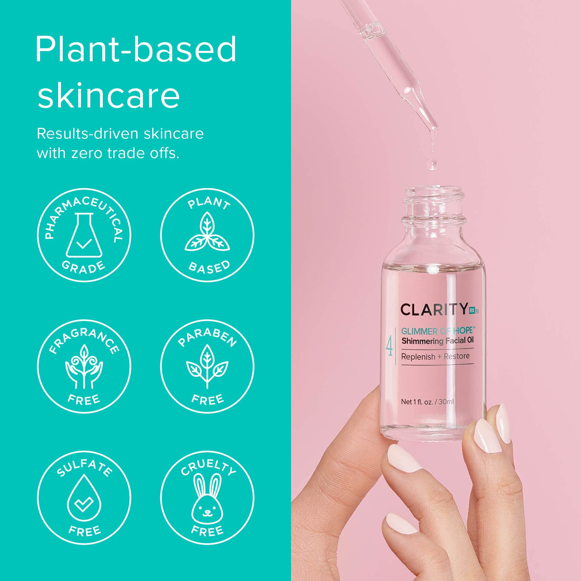 ClarityRx Glimmer of Hope Shimmering Restorative Face Oil, Natural Plant-Based Moisturizing Facial Treatment with Coconut, Rose & Jojoba for Dry & Aging Skin (1 fl oz)