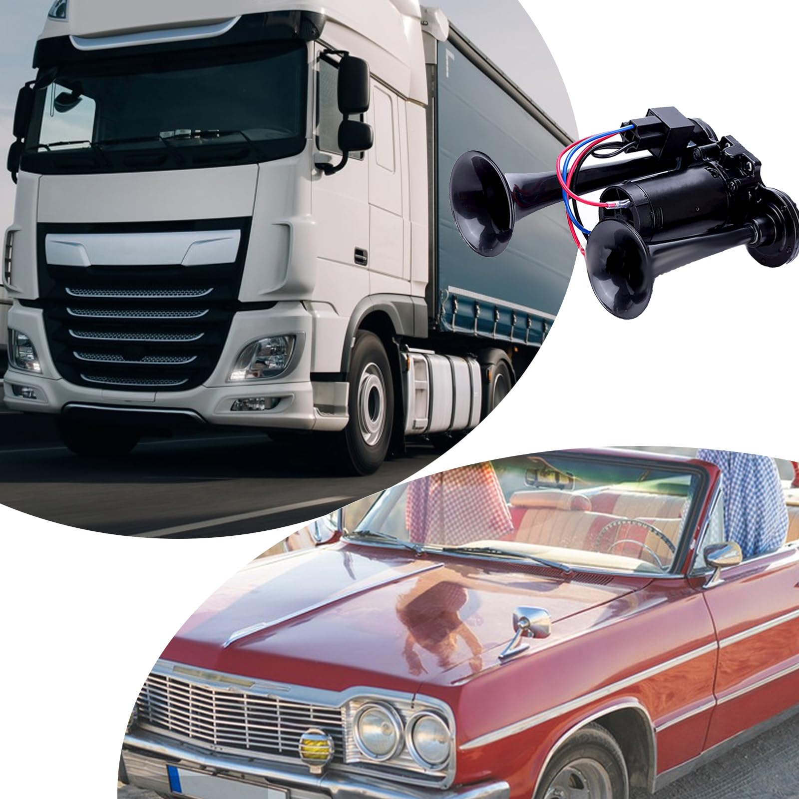 Klaxon à air pour camion 150 dB 12 V double trompette super puissant avec compresseur pour camions, trains, camions, voitures, bateaux (noir)