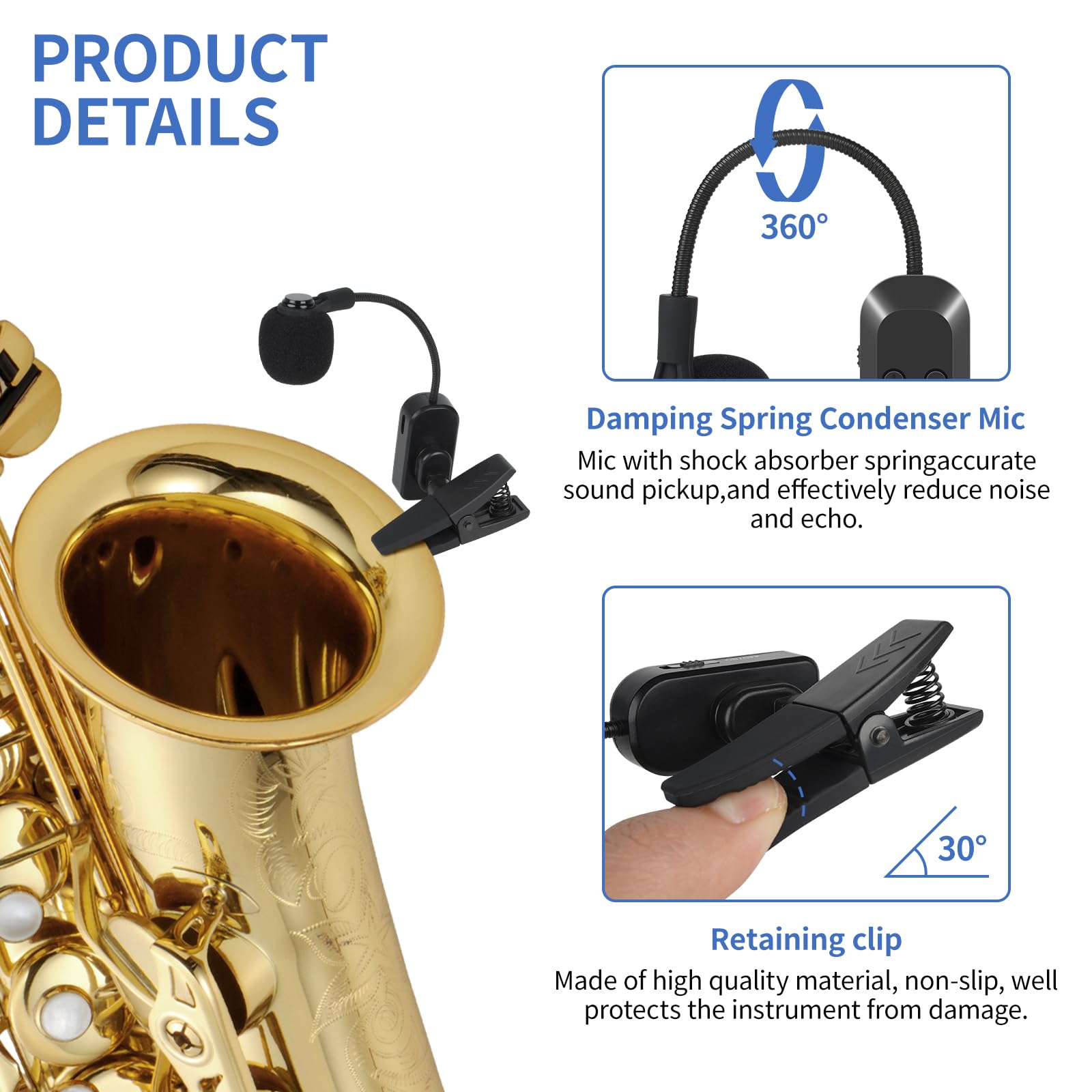 XTUGA Wireless Saxophone Microphone 2.4G Rechargeable System Clip-On Instrument Mic, 8 Hours Battery Transmitter Receiver for Saxophone, Trumpet, Trombone Brass (KX-721)