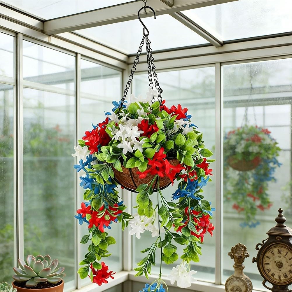 Cesto di fiori artificiali rosso bianco blu primavera decorazione vibrante composizione floreale plastica appeso ghirlanda pendente per casa giardino porta parete festa festa celebrazione