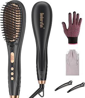 Hair Straightener Brush - Fast Heating Ionic Hair Straightener Comb with 16 Temp Settings, Anti-Scald & Auto-Off Function for Home Salon Help You Create for Frizz-Free Silky Hair (Black)