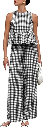 Womens 2 Piece Gingham Plaid Set Sleeveless Ruffle Tank Top Wide Leg Pants Summer Matching Lounge Outfits