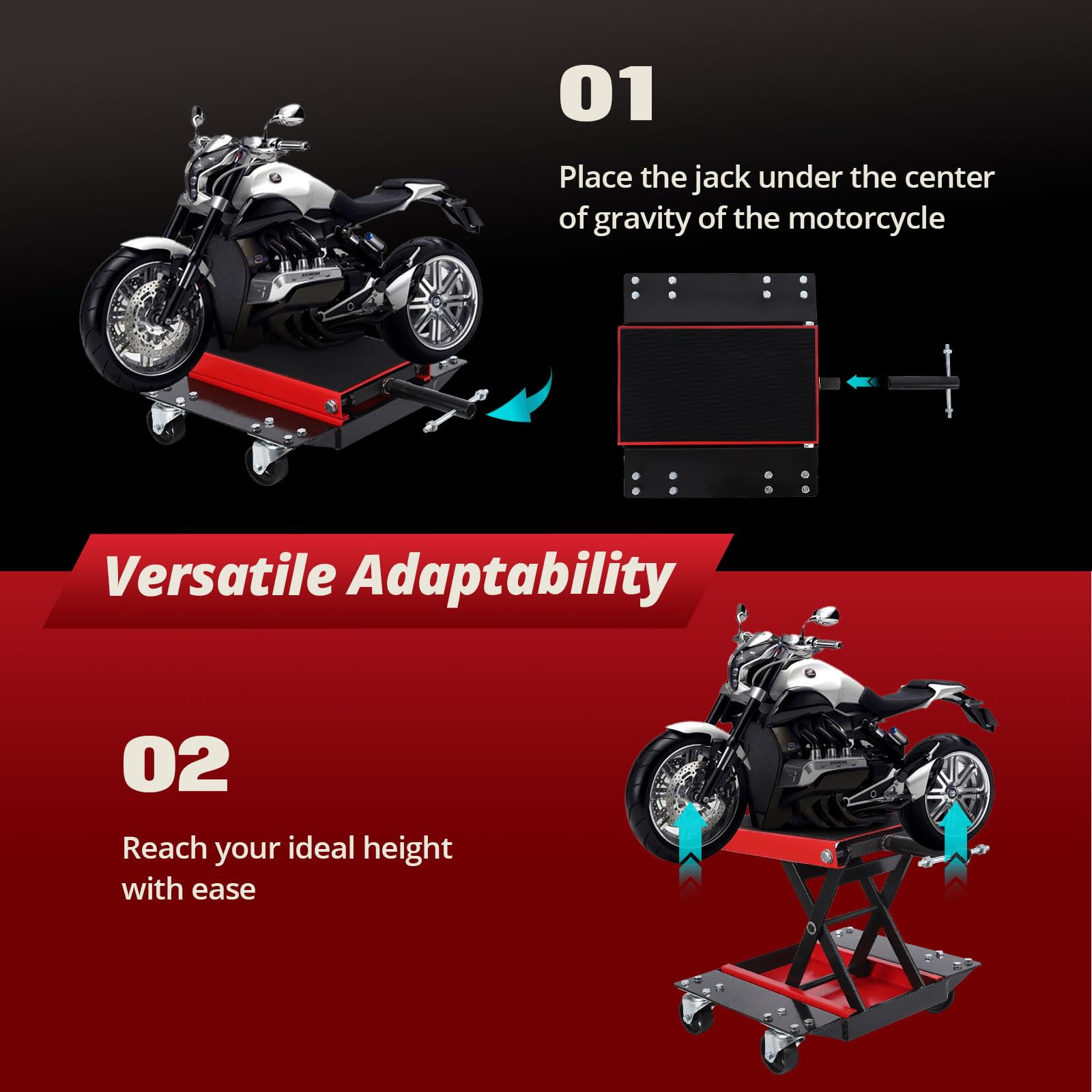 Garvee Cric élévateur Moto Robuste à Ciseaux avec roulettes–Capacité 500kg | Plateau large antidérapant–Goupilles de sécurité –Manivelle centrale–Pour motos, quads, dirt bikes – Facile à utiliser