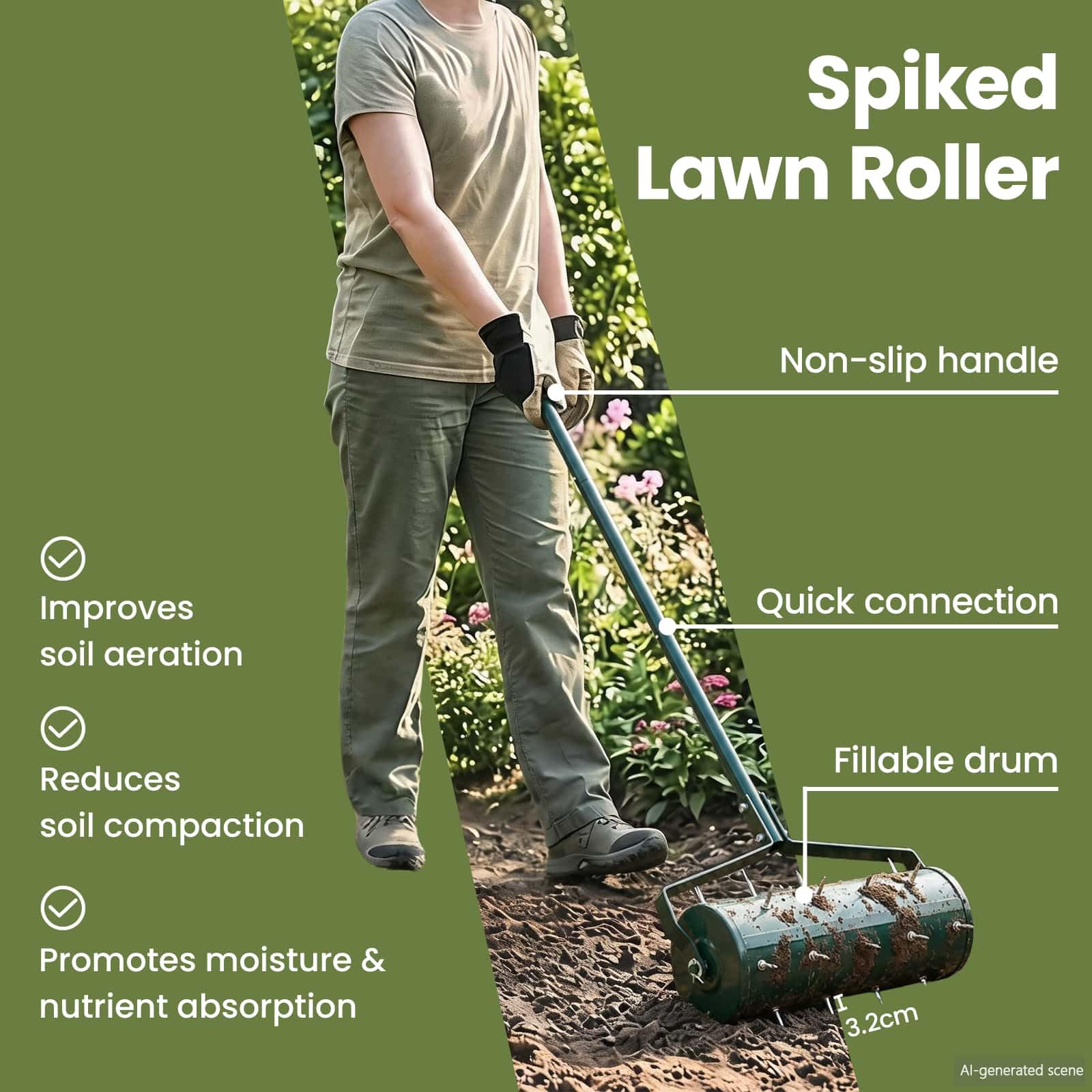 vidaXL Rullo per Prato da Tirare con Pinze Aeratore Verde 128 x 38 cm, Attrezzo aeratore per prato, rullo esterno, attrezzatura per giardino e terrazze, perforatore resistente per cura