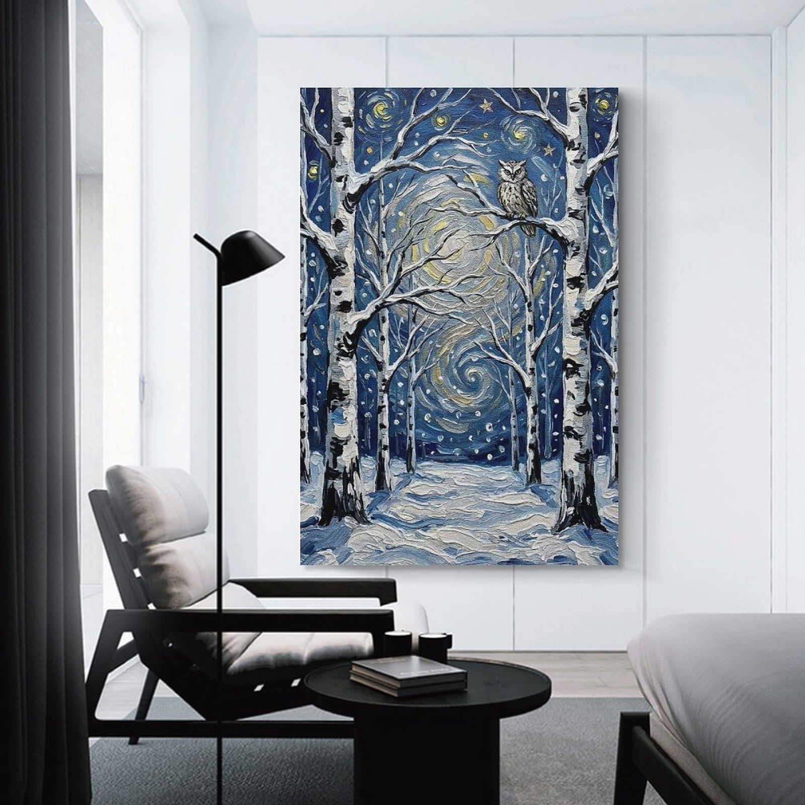 Junmoney Winter Night Owl in Birch Forest Canvas Art Print 20x30inch(50x75cm), for Front Hall, Corridor Or Welcome Spaces, Home Artwork for First Impressions