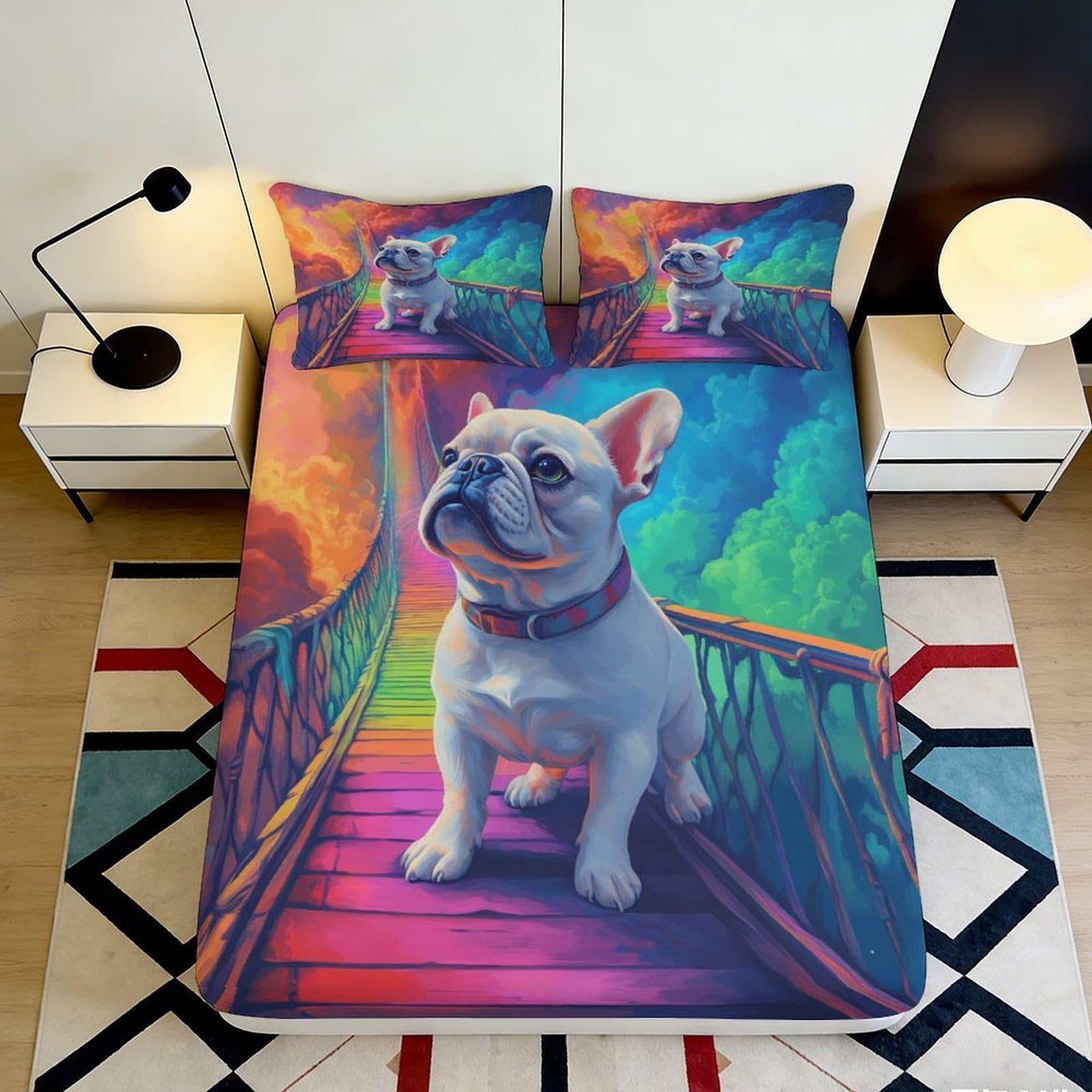 Mattress fitted cover Bouledogue Français lavable en microfibre respirante