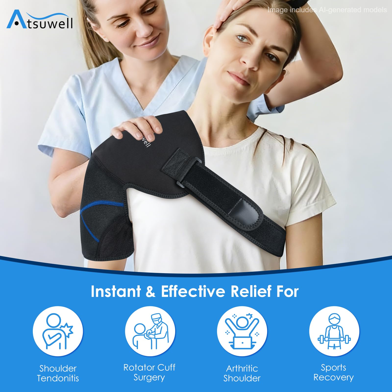 Atsuwell Bolsa de hielo para hombro con 2 paquetes de gel, soporte de hombro de apoyo para manguito rotador y brazo, envoltura reutilizable de terapia de frío para recuperación muscular y relajación