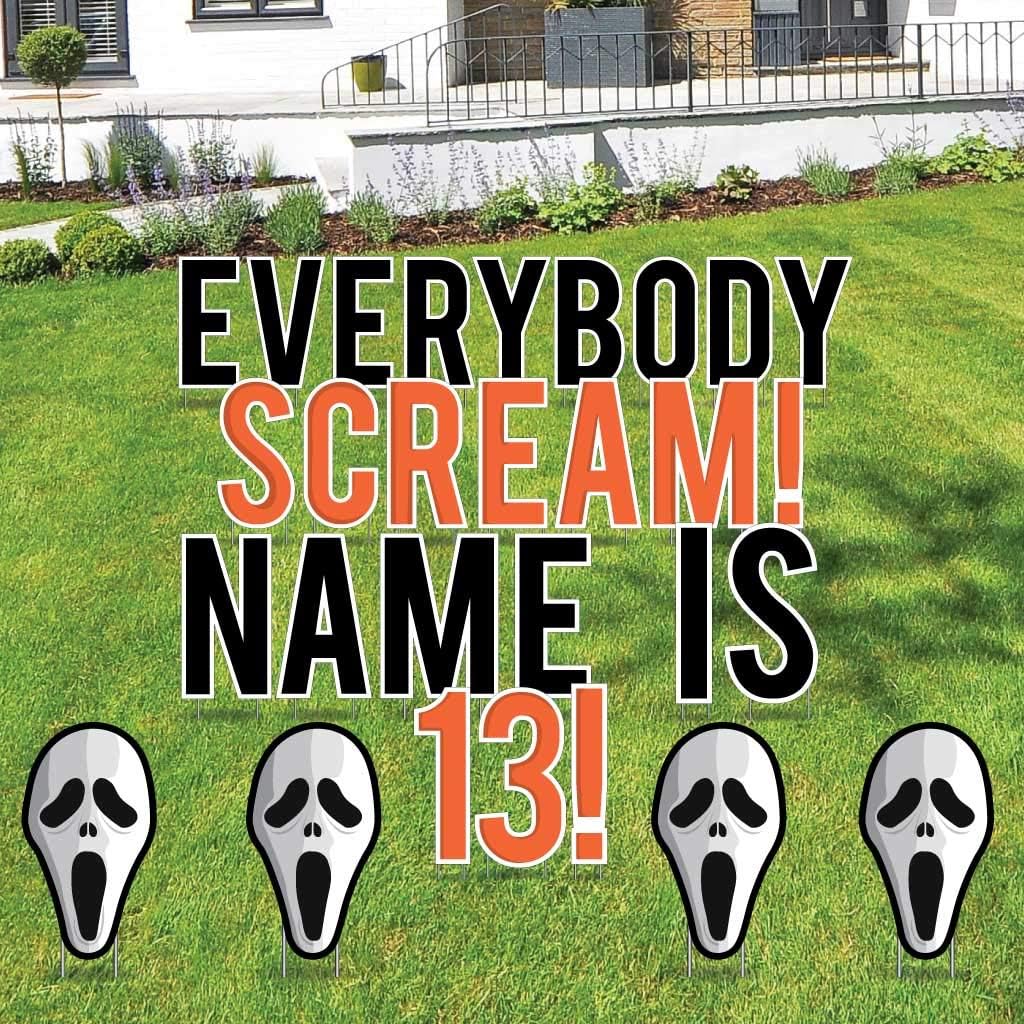 Custom 13th Birthday Yard Decoration - Everybody scream (Custom Name) Is 13 Letters Lawn Display, Includes Stakes (Orange)
