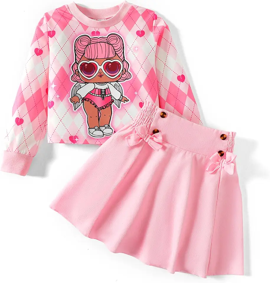 L.O.L. Surprise! Girl Skirt Set Long Sleeve Letter Print Sweatshirt Plaid/Pink Smocked Skirt Set 2PCS Clothes Set Outfit