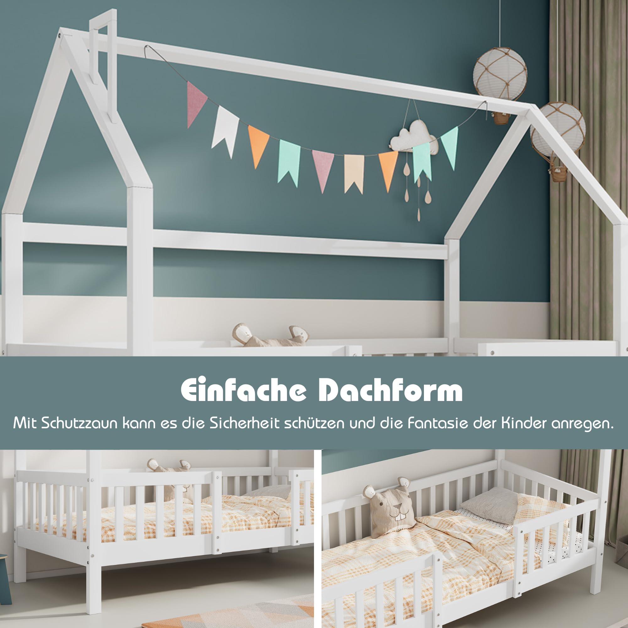 Merax Hausbett 90x200cm, Kinderbett Mit Lattenrost, Holz Bett für Kinder mit Bettkasten, Kinder und Jugendzimmer, Kiefernholz Haus Bett for Kids, Ohne Matratze, Weiß