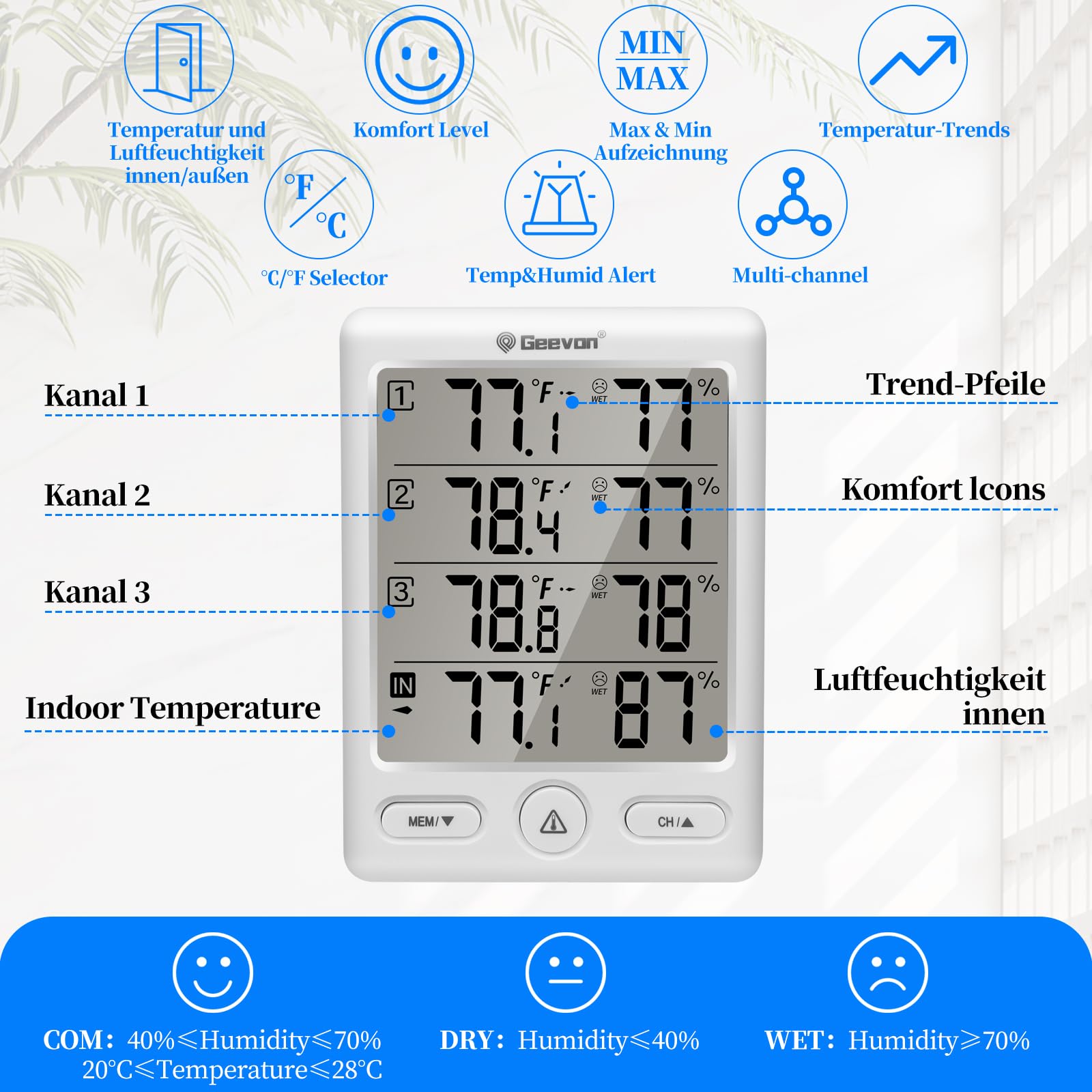 Geevon Thermometer Innen Außen mit 3 Fernsensoren, Hygrometer Digital, Temperatur und Luftfeuchtigkeitsmesser mit 60M/200FT Reichweite (228646 Weiß ohne Batterie)