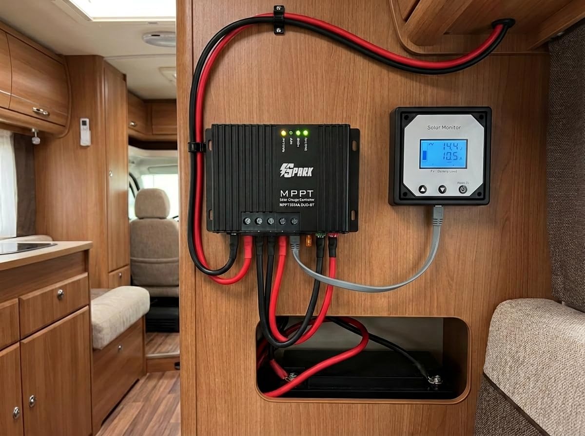 Spark, regolatore di carica solare MPPT a doppia batteria, 12 V, per camper, roulotte, rimorchio, adatto per sigillato, gel, allagato, batteria al litio opzionale unità display remoto dongle bluetooth