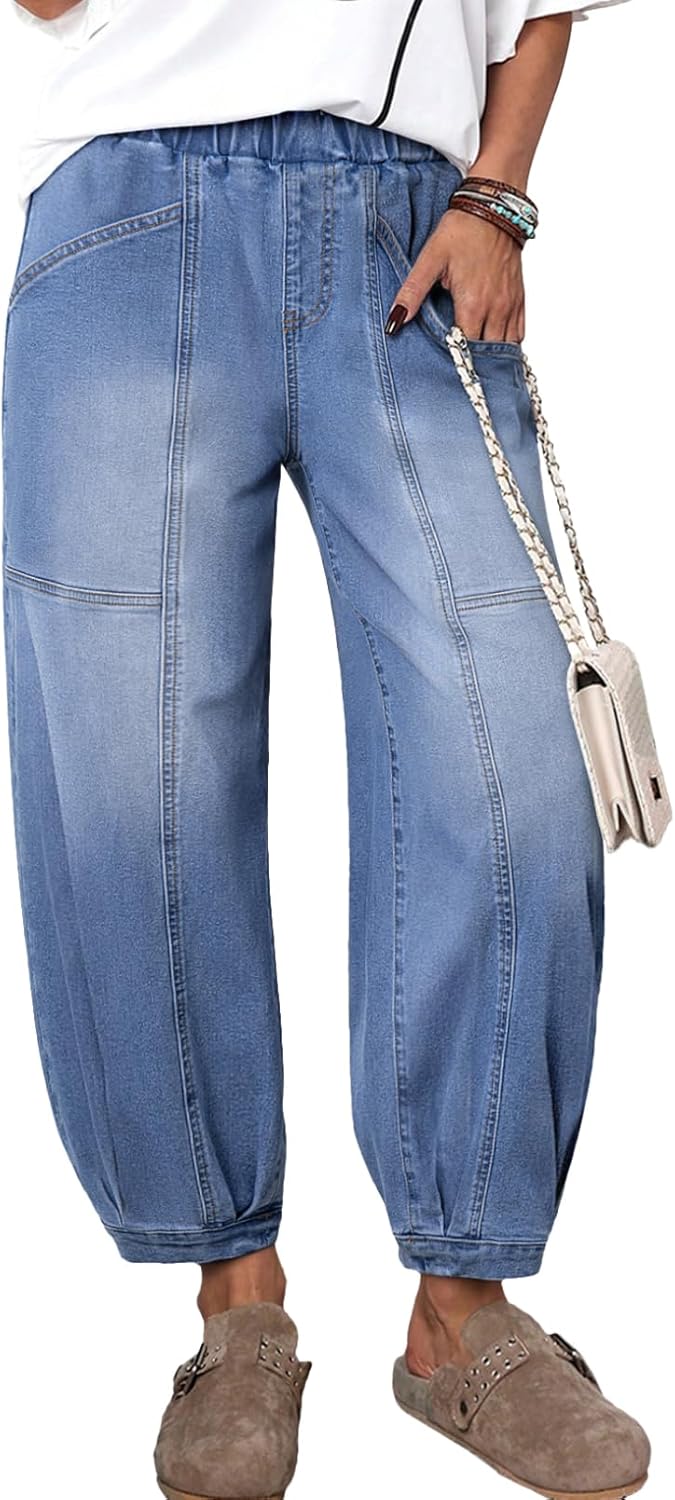 Sidefeel Barrel Jeans for Women Trendy Wide Leg High Waisted Cropped Baggy Relax Fit Stretch Pocketed Denim Ankle Pants