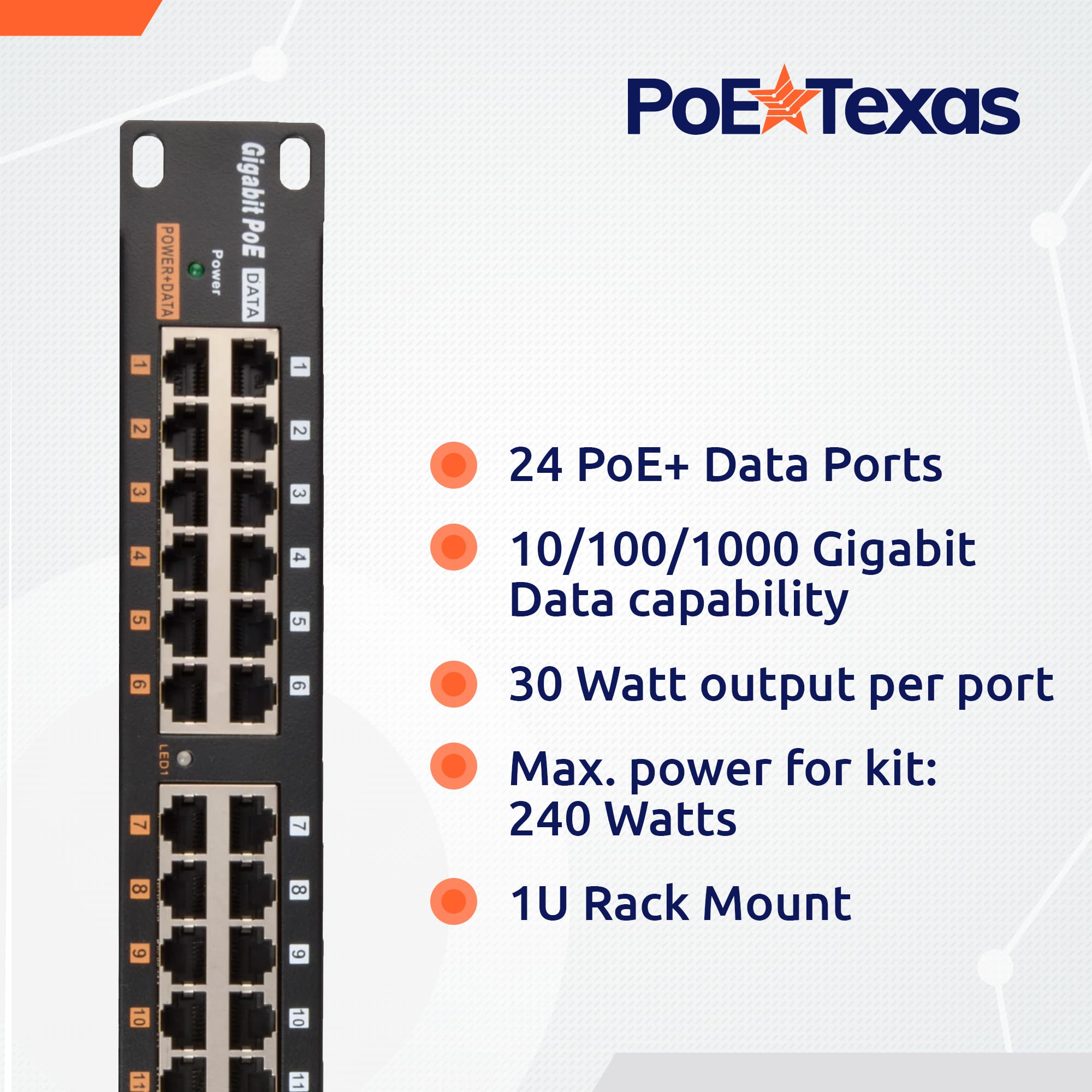 Injecteurs PoE Texas 24 ports Gigabit PoE Midspan | GPOE-24B et Active AT-24 PoE Texas GPOE-24B-48V240W Injecteur