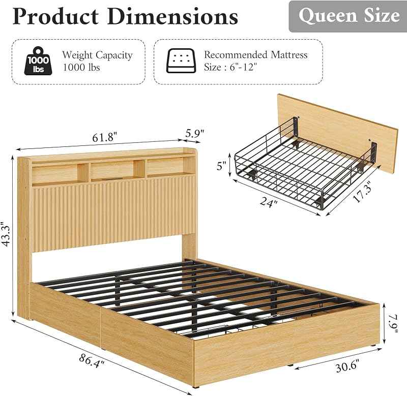Queen Bed Frame with Headboard and Storage Drawers, Queen Size Platform Bed Frame with LED Lights and Charging Station, Fluted Wood Grain Design, No Box Spring Needed, Oak image 2