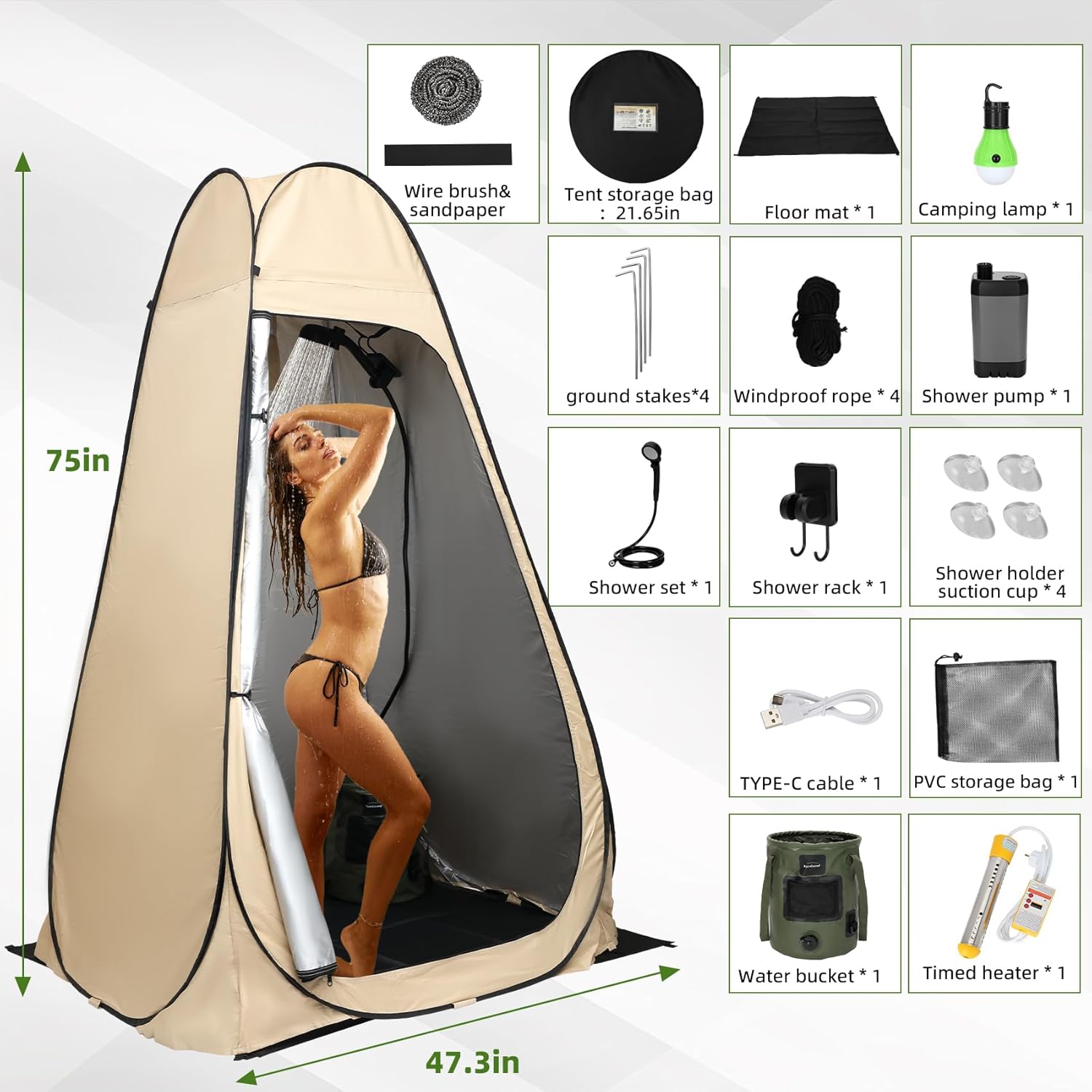 Portable Hot Shower for Camping with Heater, 2000W Immersion Heater & 6000mAh Pump, Outdoor Shower Tent Enclosure Kit, 6.6 Gal Foldable Bucket for Adults, Pets, Car Wash