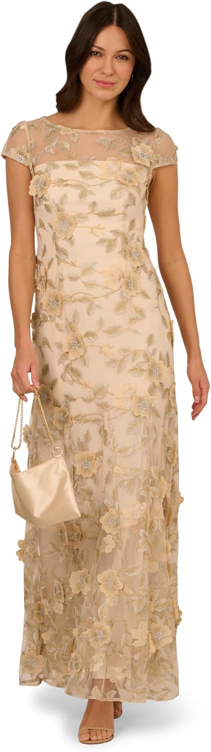 Adrianna Papell Womens Floral Embroidered Godet Gown