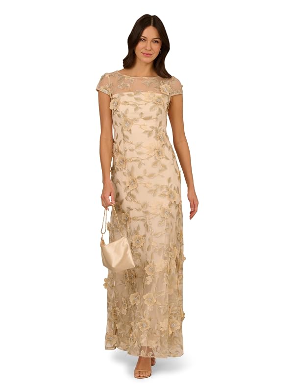 Adrianna Papell Women's Floral Embroidered Godet Gown, Champagne, 16 by Adrianna Papell - Used condition - Image 4