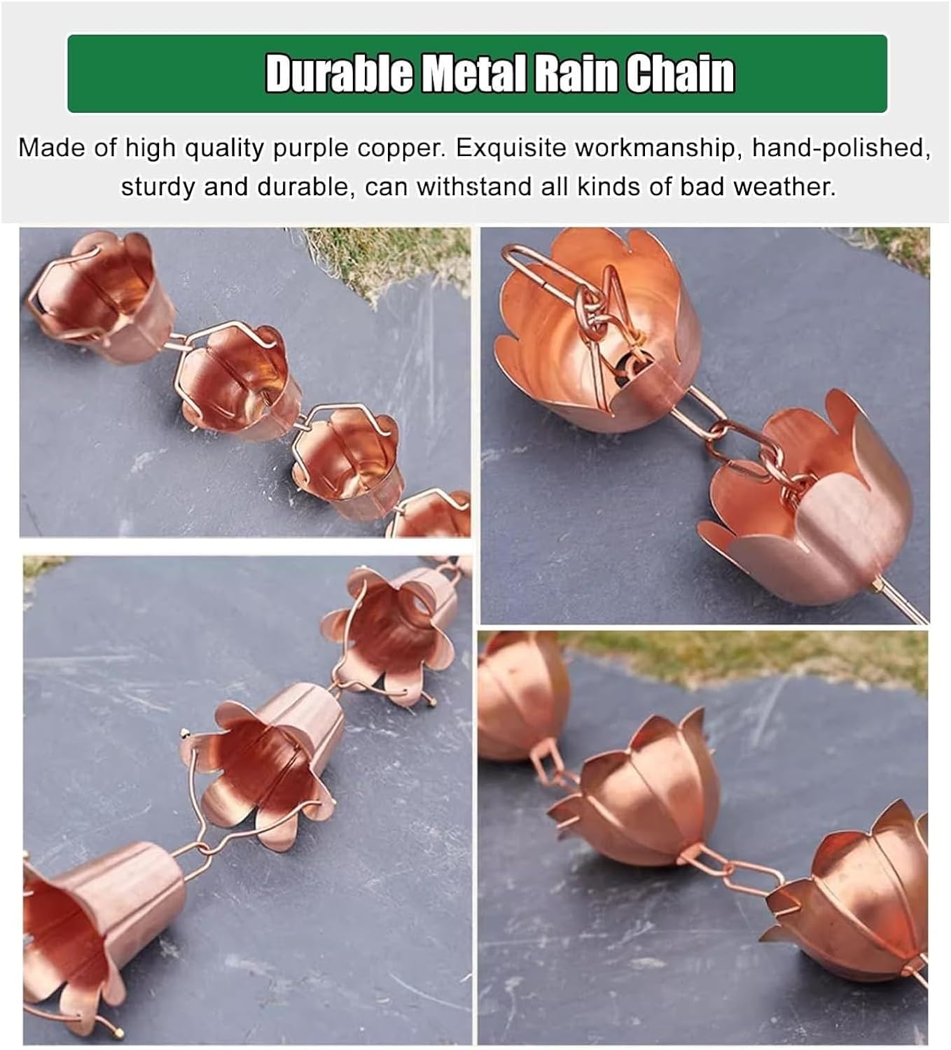 Rain Chains,Rain Catcher Chain, Rain Chain Gutter for Gutters,Flower Cup Rain Chains,Outside Outdecorative Rain Catcher Chain Adjustable,Ligjt grey-36m/104ft