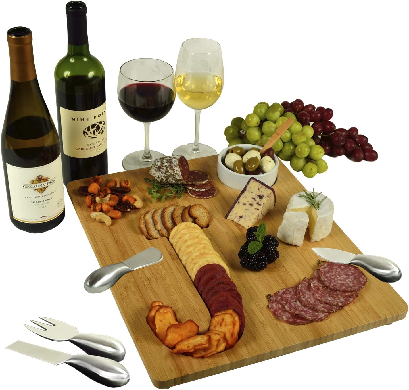 Picnic at Ascot Monogrammed Bamboo Cheese & Cracker Serving Board with cheese tools & Ceramic Bowl - Letter 'I'