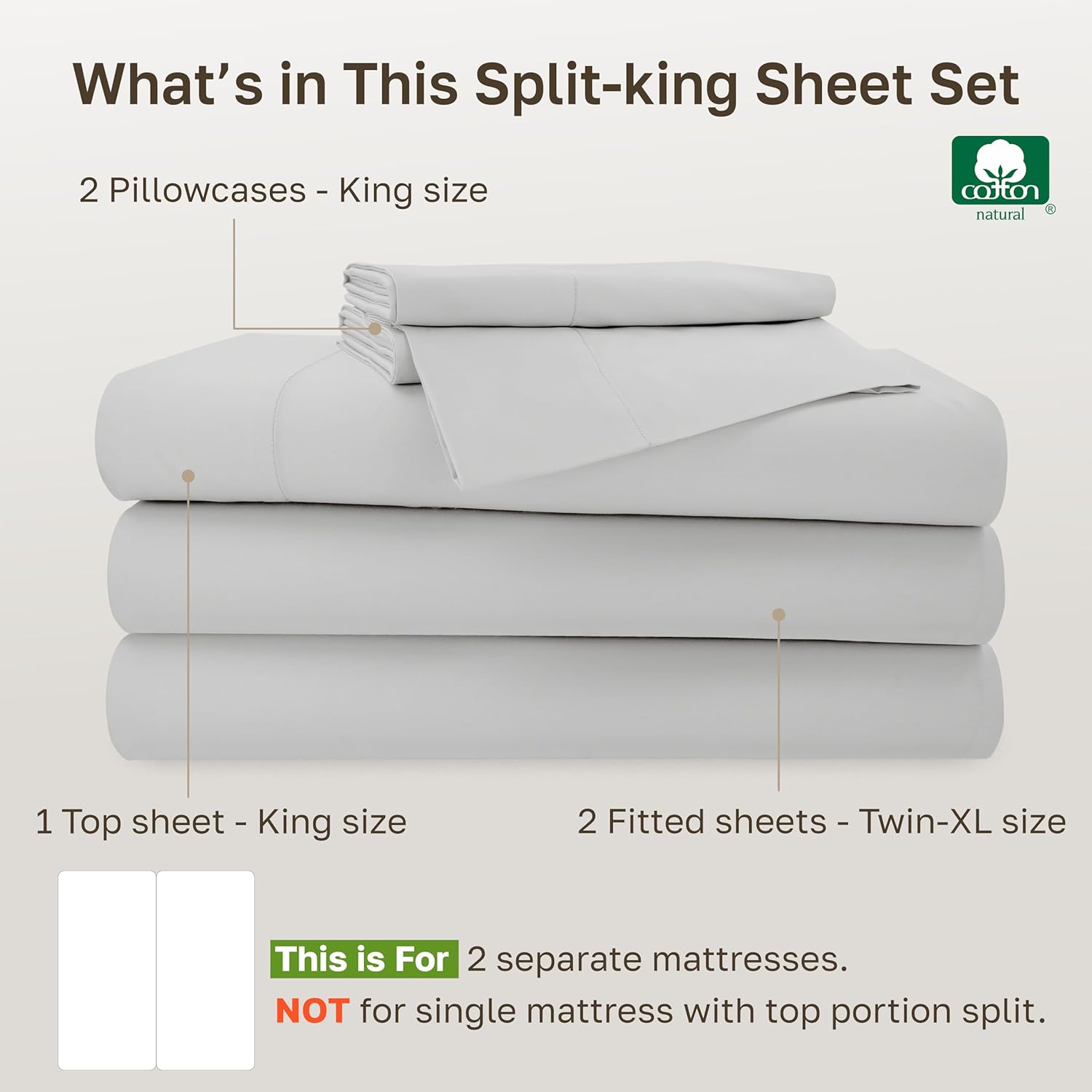 Luxury Adjustable Split King Bedsheets Set, Soft 100% Cotton, 500 Thread Count Sateen, Includes Twin-Xl Fitted Sheets, Snug Fit, Sheet Sets & Pillowcases (Split King, Light Grey)