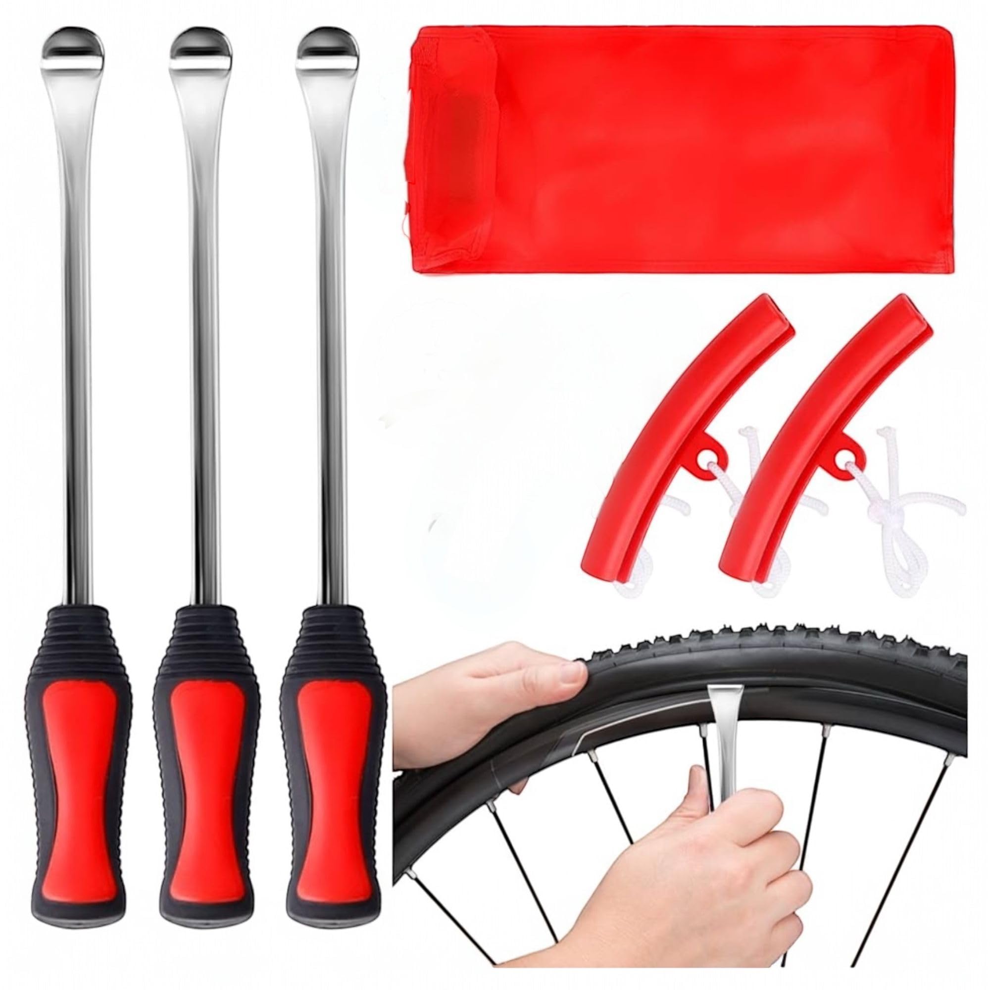 Kit Leve Smontagomme 3 Pezzi in Acciaio + 2 Protezioni Cerchio | Leva a Cucchiaio Cambio Pneumatici Moto, Auto, Bici | Attrezzi per Riparazione e Montaggio Gomme | Robuste, Sicure, Portatili