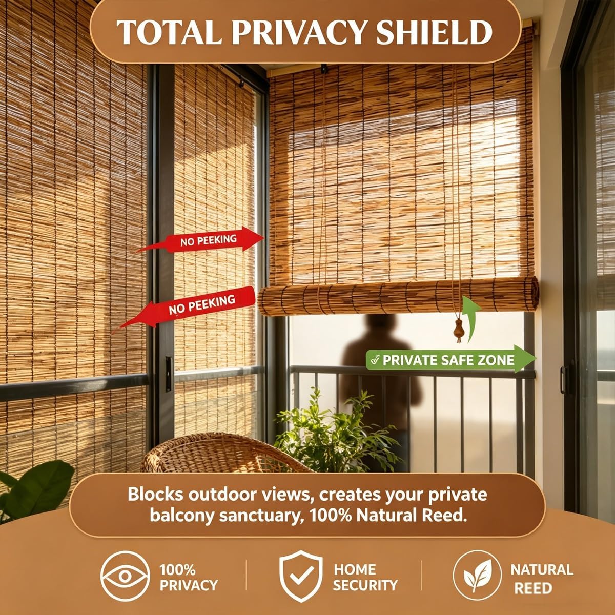 Outdoor Bamboo Blinds Patio Roller Shades for Outside, Light Filtering Bamboo roll up Blinds for Windows 36" 46" 48" 64" 72" 80" Reed Sun Shade Privacy Shades for Porch Balcony Home(50" W x 48" H)