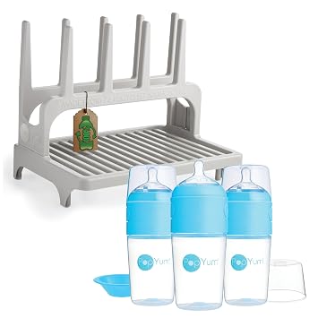 PopYum 9 oz Blue Formula Making Baby Bottle 3-Pack with Gray Drying Rack Bundle