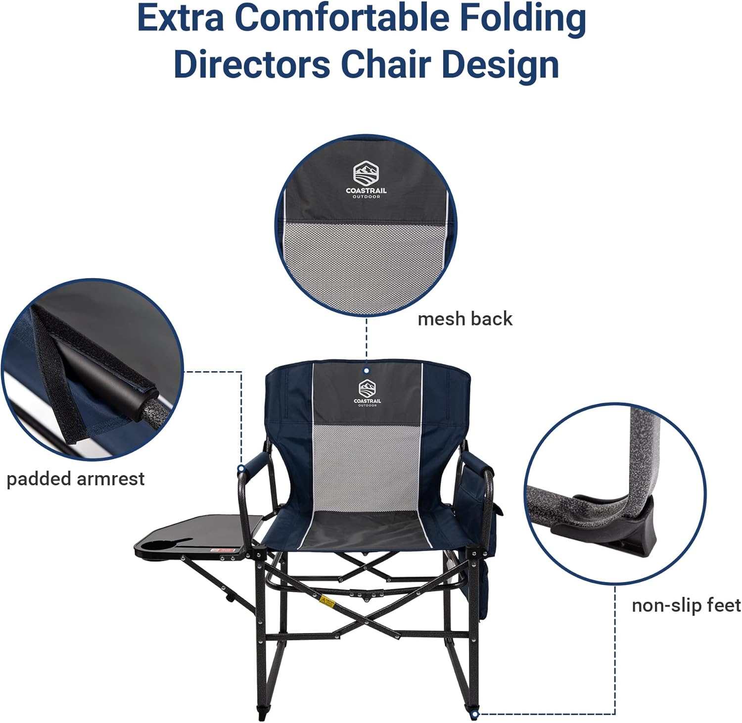 Coastrail Outdoor Extra Compact Folding Directors Camping Chair with Breathable Mesh Back, Large Side Table with Cup & Phone Holder, Storage Pockets and Handle, Bonus Carry Bag : Sports & Outdoors