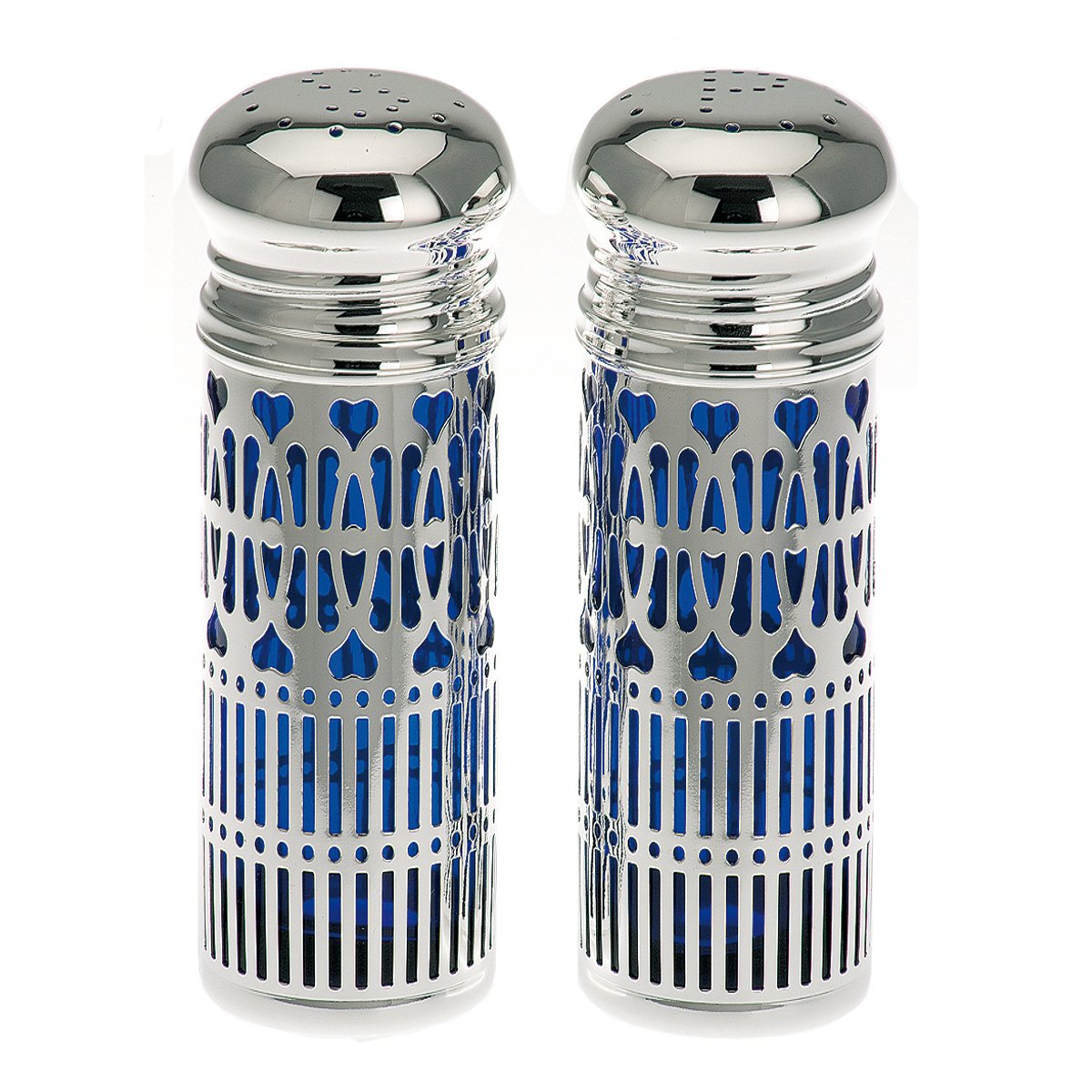 Salière et poivrière avec Insert en Verre Bleu hygenique H 7 x 2,5 cm plaqué Argent