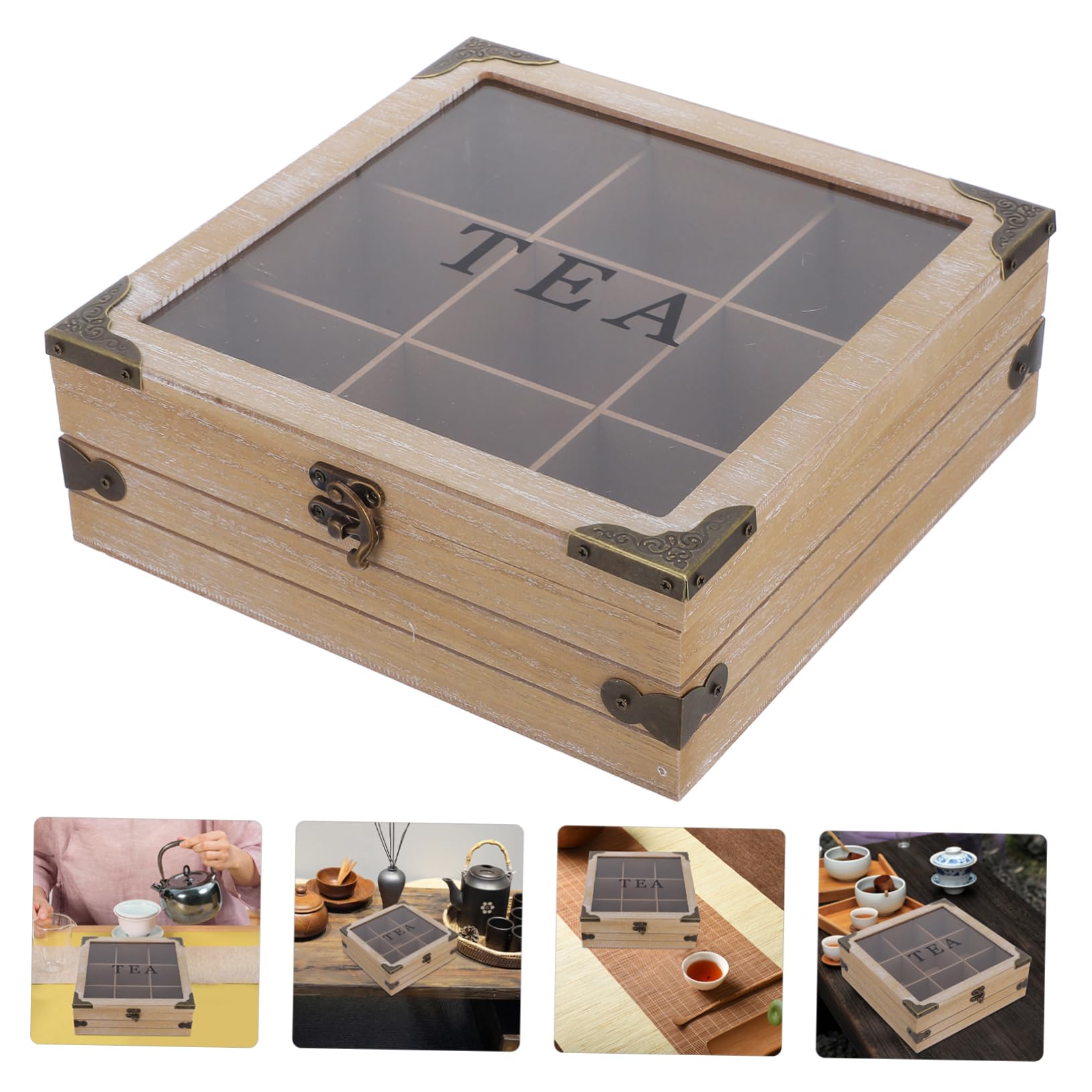 Amosfun Caja Organizadora con Tapa de Vidrio de Madera de Bolsitas de Té