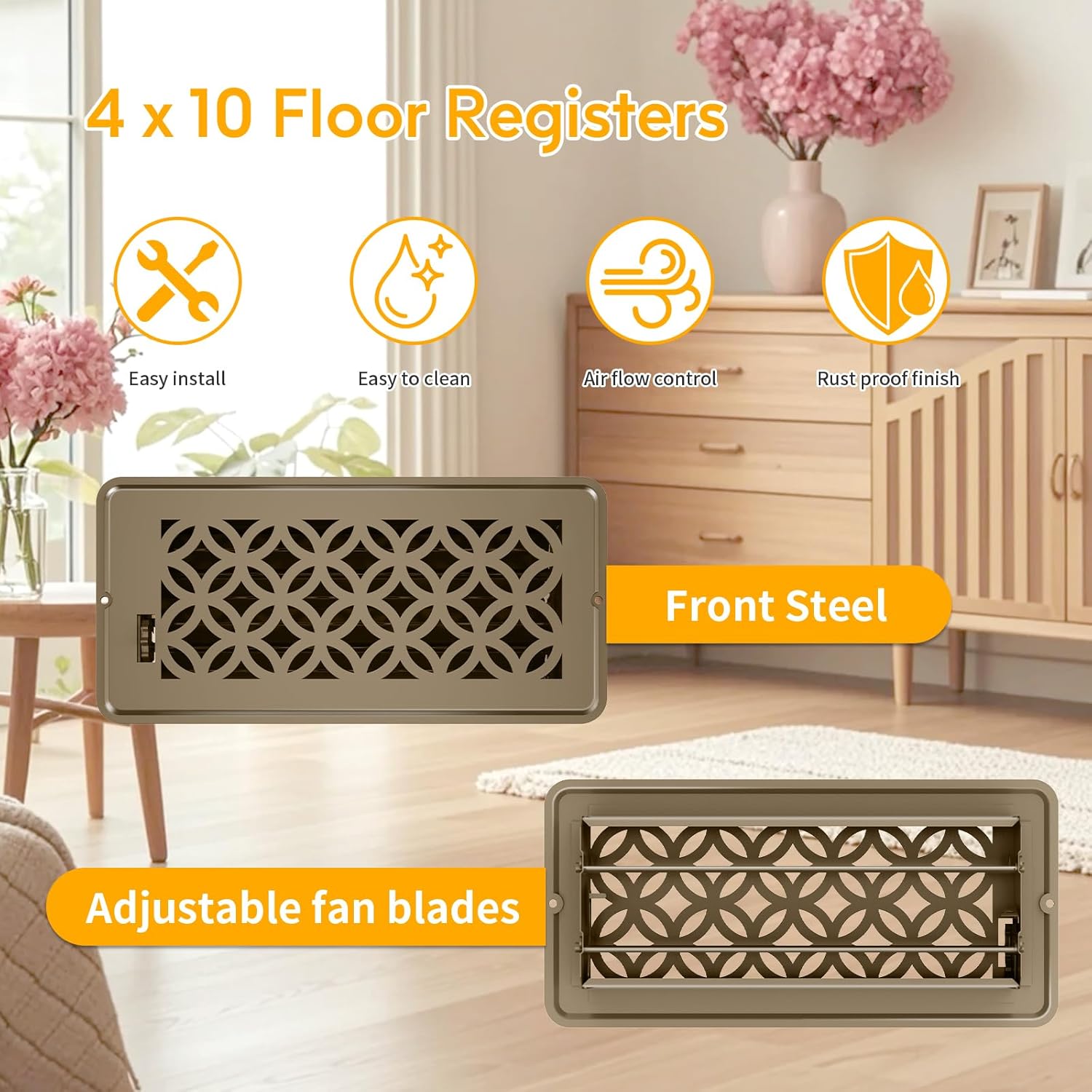 5 Pack Floor Vent Covers, Floor Register 4x10, Adjustable Decorative Vent Covers for Home Floor Ceiling or Sidewall Vent, Heavy Duty Walkable Steel Floor Vents, Rust-Proof Finish (Brown-5pack)