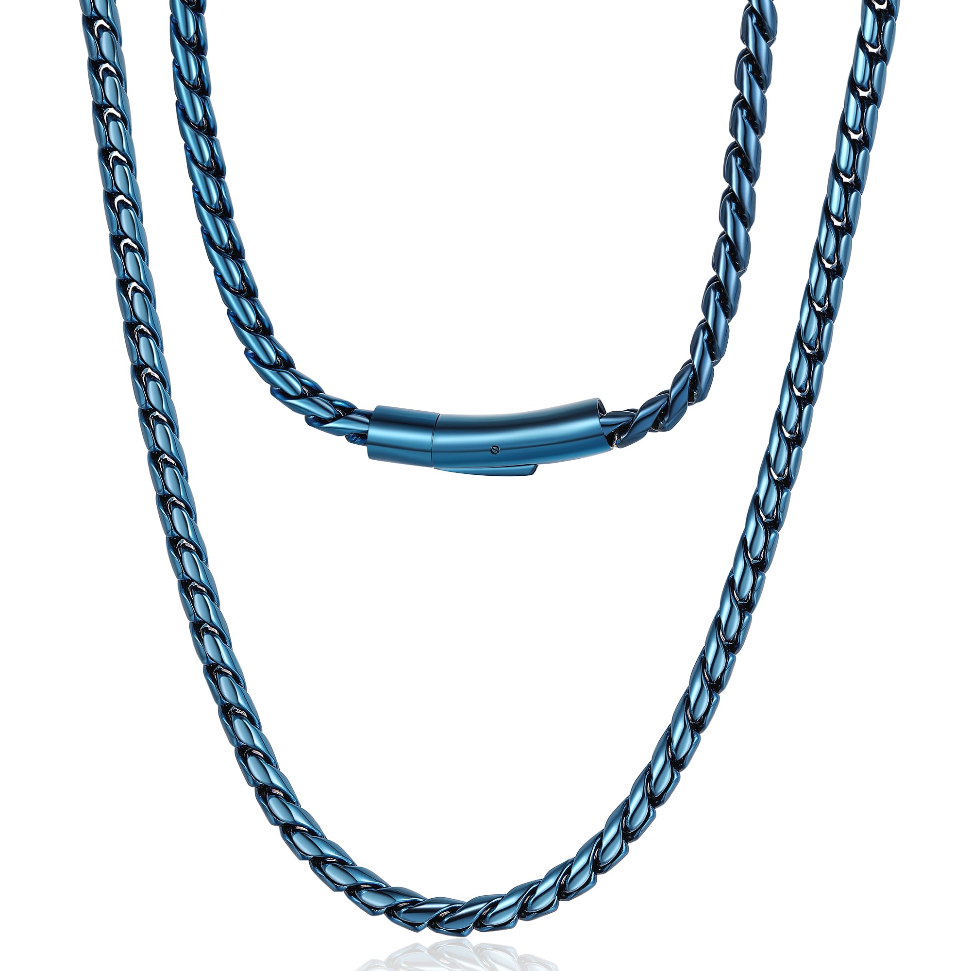 ROWIN&CO Twisted Rope Curb Cuban Chain 6mm Stainless Steel Necklace, Silver/Black/Blue Chain for Men Women Choker Jewelry Miami Link Hip hop Gifts 16"