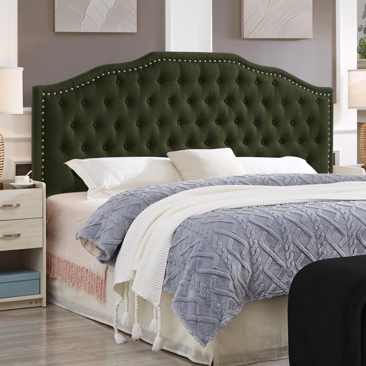 24KF Upholstered Button Tufted Queen Headboard with Nailhead Trim, Elegant Boucle Fabric Full headboard, 6031-Q-Boucle-Dark Green