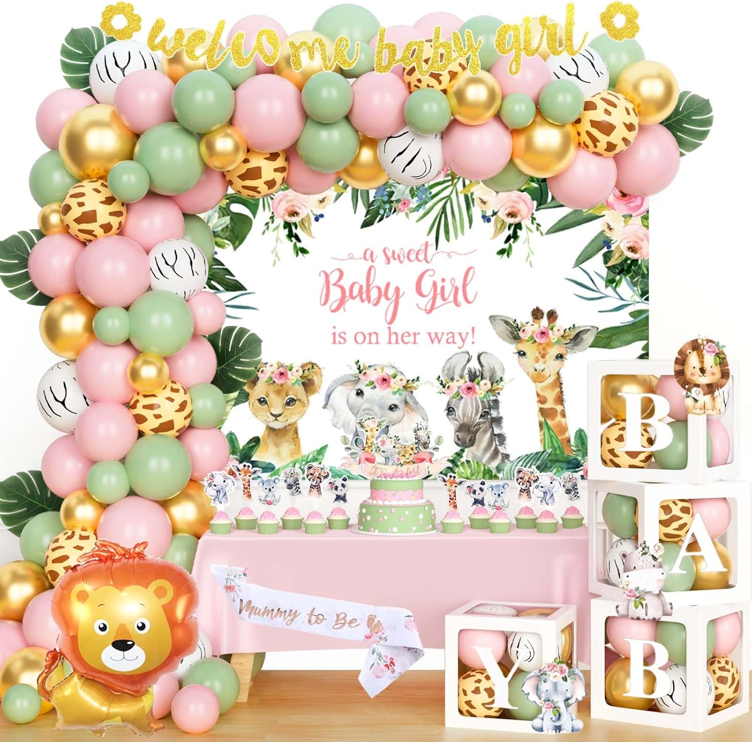 Safari Baby Shower Decorations for Girl, Jungle Themed Décor Backdrop Balloon Garland Arch Artificial Leaves Box Cutout Glitter Banner Cake Topper Sash Lion Cheetah Giraffe Pink 140 PCs