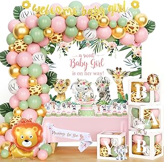 Safari Baby Shower Decorations for Girl, Jungle Themed Décor Backdrop Balloon Garland Arch Artificial Leaves Box Cutout Glitter Banner Cake Topper Sash Lion Cheetah Giraffe Pink 140 PCs