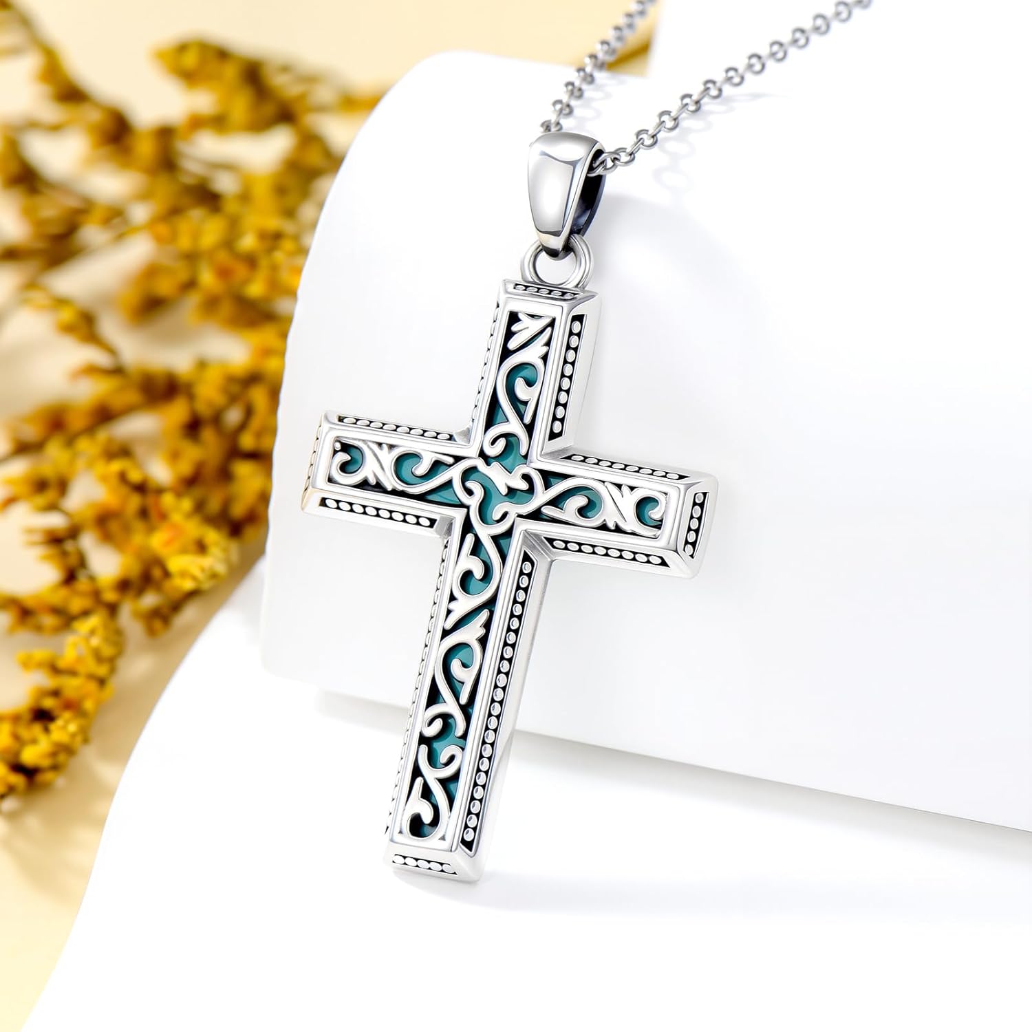 Turquoise Cross Necklace 925 Sterling Silver Turquoise Gemstone Religious Cross Pendant Boho Simple Jewelry for Women - Image 2