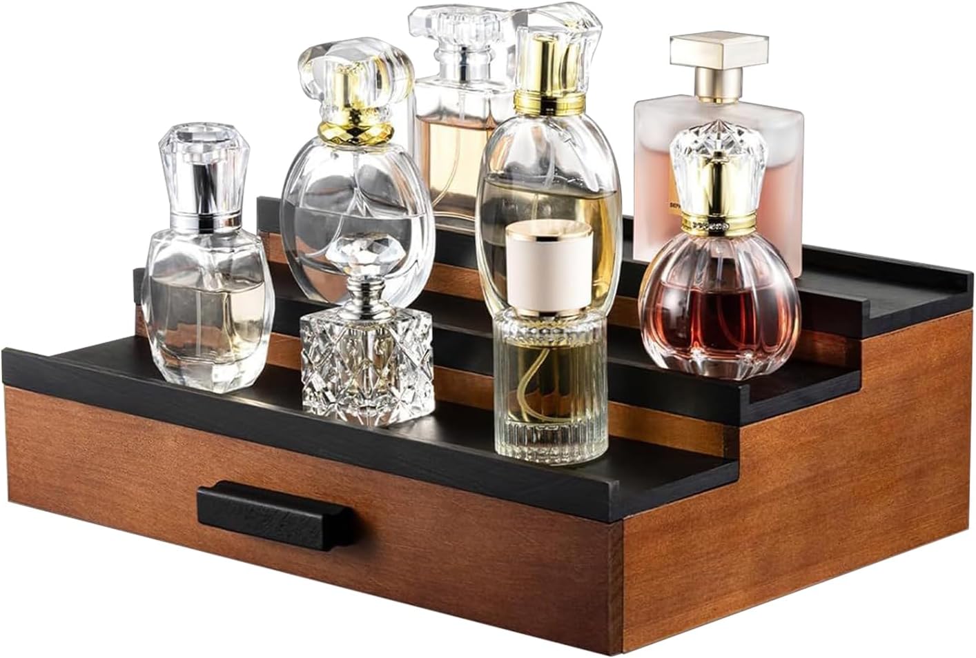 3 Tier Wooden Cologne Organizer Display Shelf with Drawer Storage ...