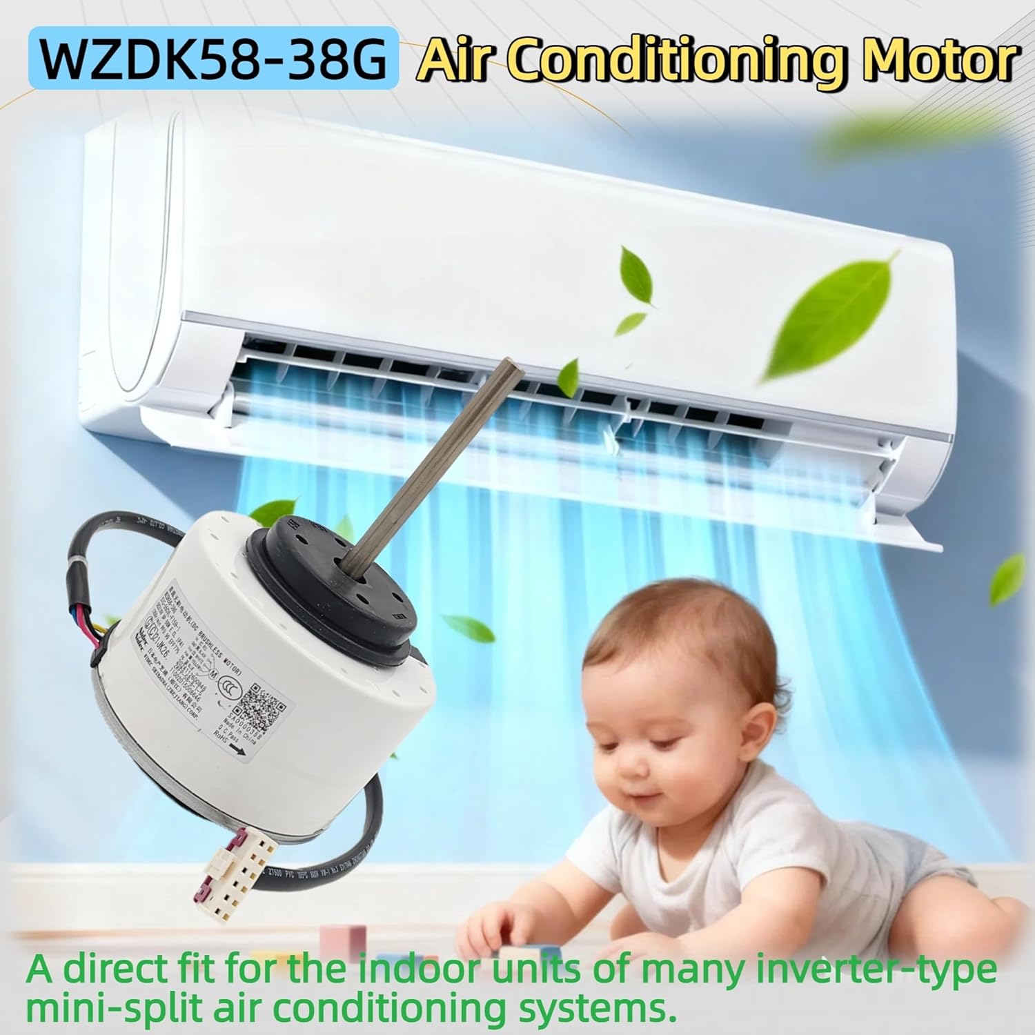 WZDK58-38G Brushless DC Motor for Inverter AC Units, 310V 58W 1350RPM CCW Rotation 5-Pin Connector Replacement Motor