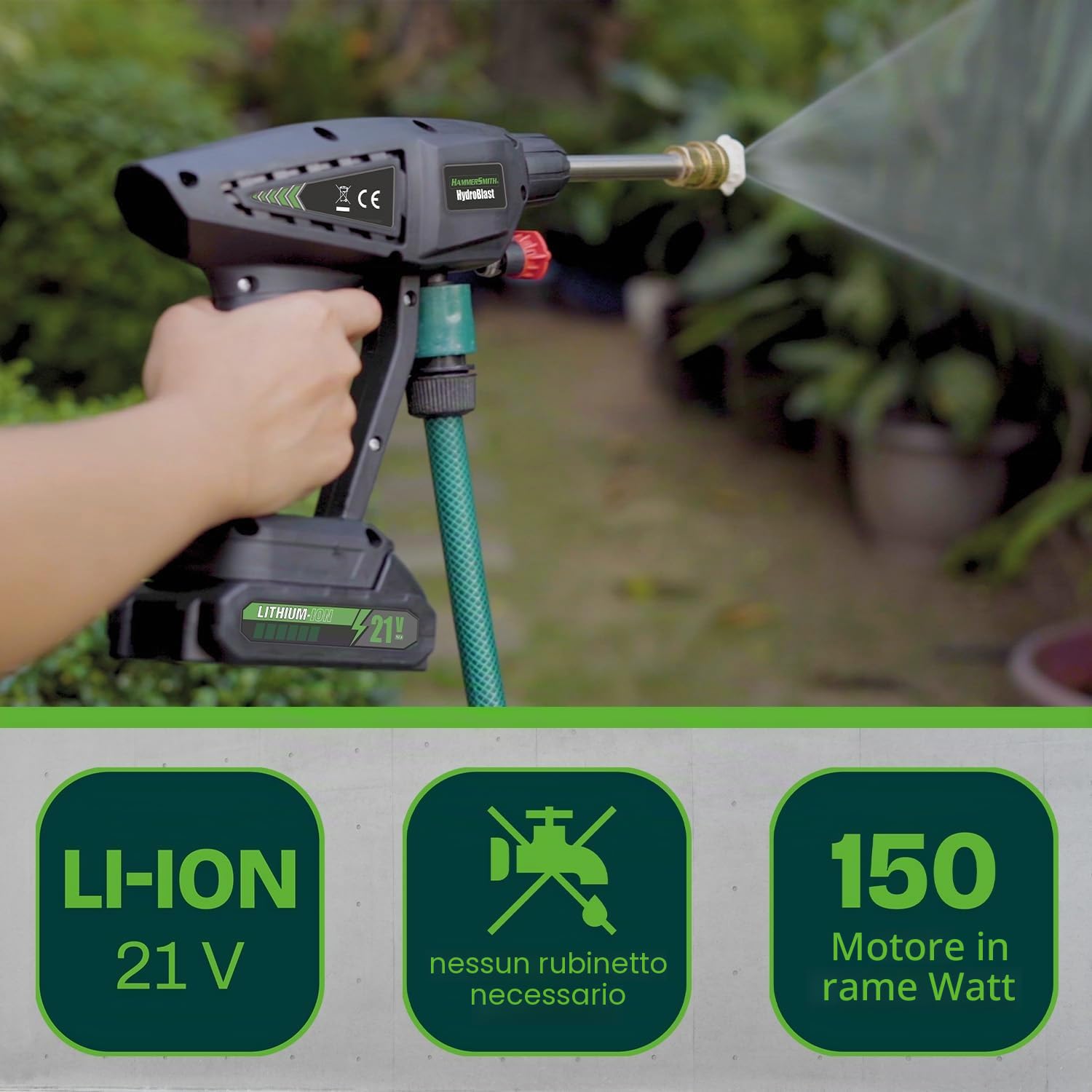Hammersmith HydroBlast 2 in 1 - Spruzzatore a pressione senza fili con batteria ricaricabile per la pulizia di giardini, veicoli ed esterni - Potente spruzzatore a pressione