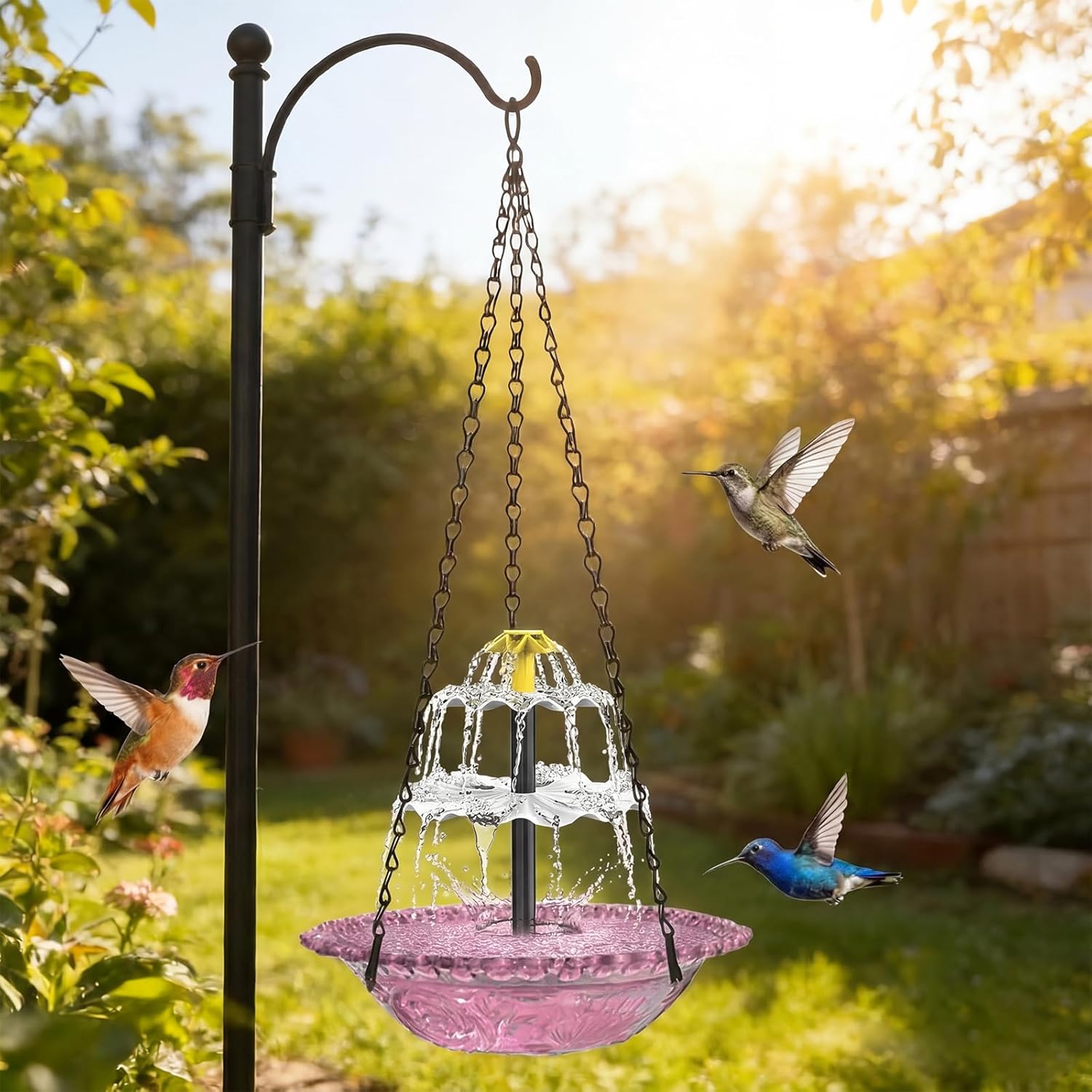 Hanging Solar Bird Bath Fountain, Solar Powered Cascading Outdoor Water Fountain with Solar Pump & Bowl, Decorative Hanging Bird Bath for Garden Patio Backyard Lawn Décor (Purple)