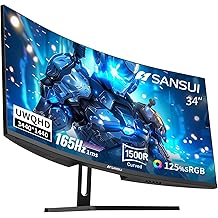 SANSUI 34-Inch Curved Gaming Monitor UWQHD 3440 x 1440 Up to 165Hz Curved 1500R - PIP/PBP, 1ms(MPRT), HDR, 300nits, sRGB 125%, DCI-P3 95%,FreeSync,HDMIx2,DP1.4 x2 (DP Cable Included)