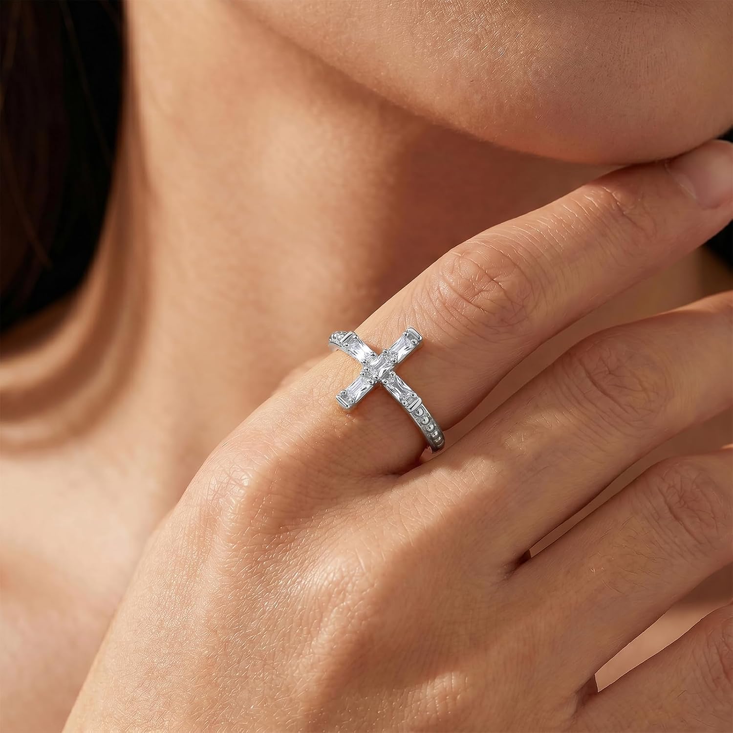 SAVORI Adjustable 14K Gold Plated Cross CZ Open Ring for Women, 925 Sterling Silver Statement Ring with Baguette-Cut Clear CZs, Hypoallergenic Religious Jewelry Gifts