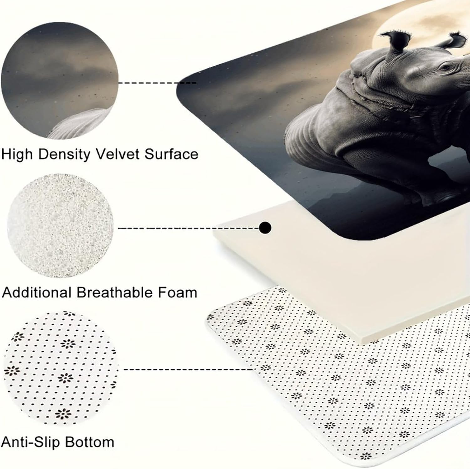Rhino Kitchen Mat Washable Non Slip Rugs Soft Kitchen Mats for Floor Set of 2 PCS Cushioned Absorbent Runner Standing Rugs for Home Sink Laundry Office