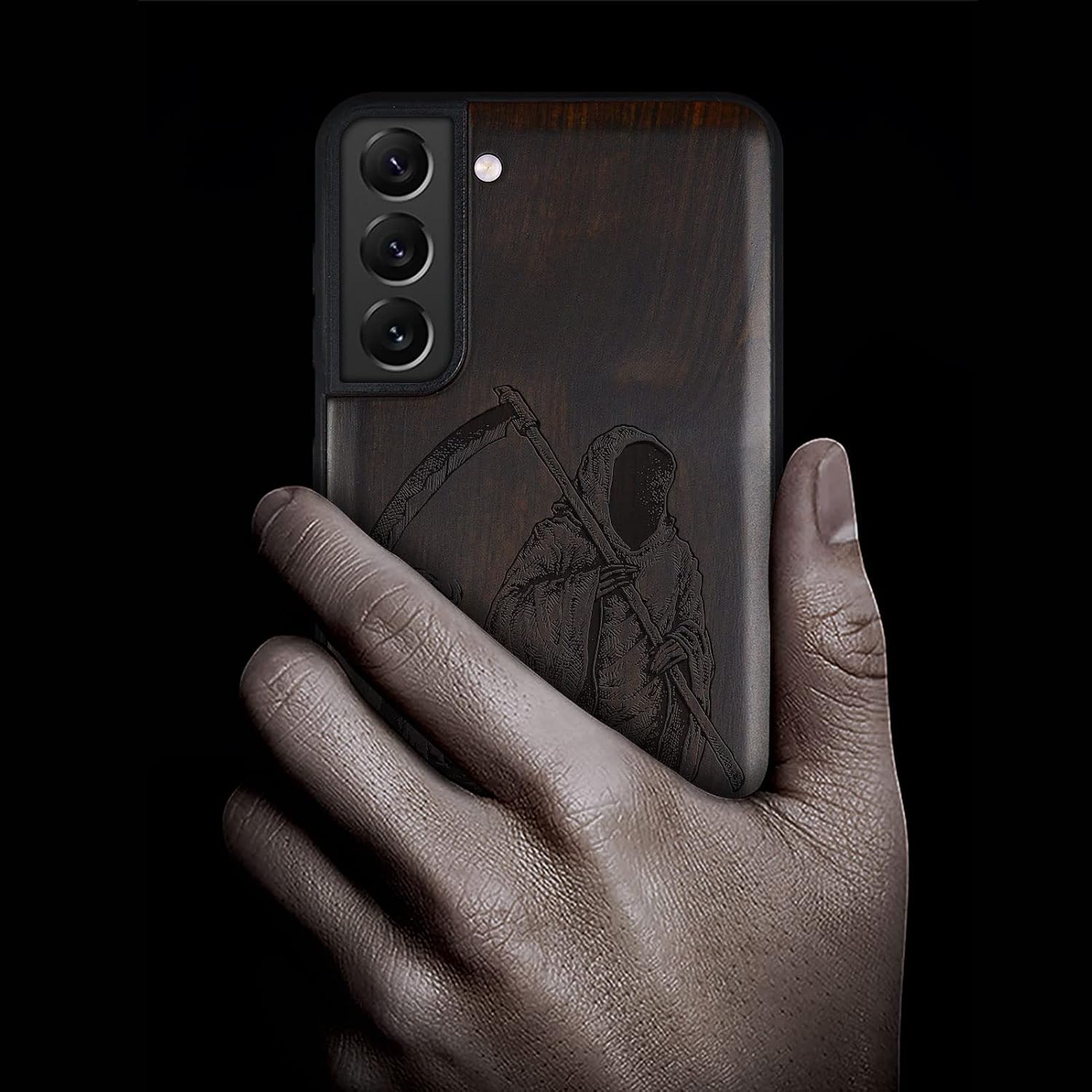 Carveit Wood Case for Galaxy S21 Plus Case [Natural Wood & Black Soft TPU] Shockproof Protective Cover Wooden Case Compatible with S21 Plus 5G (The Grim Reaper-Blackwood)