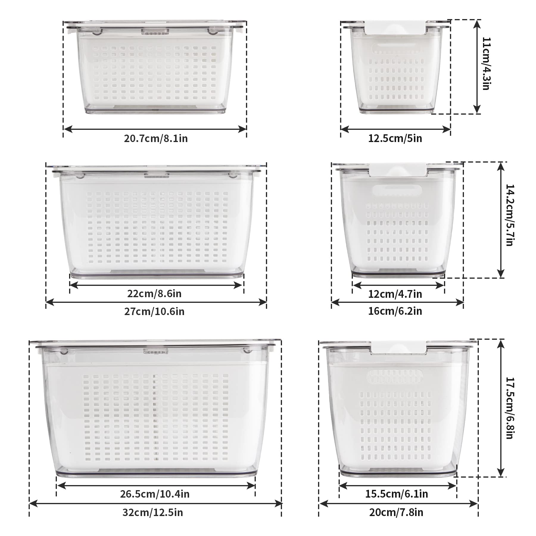 Spesh Set di 3 contenitori per alimenti freschi (5,8 L + 4 L + 2 L) Scatole per verdure in plastica per frigorifero con coperchio e sfiato (bianco)